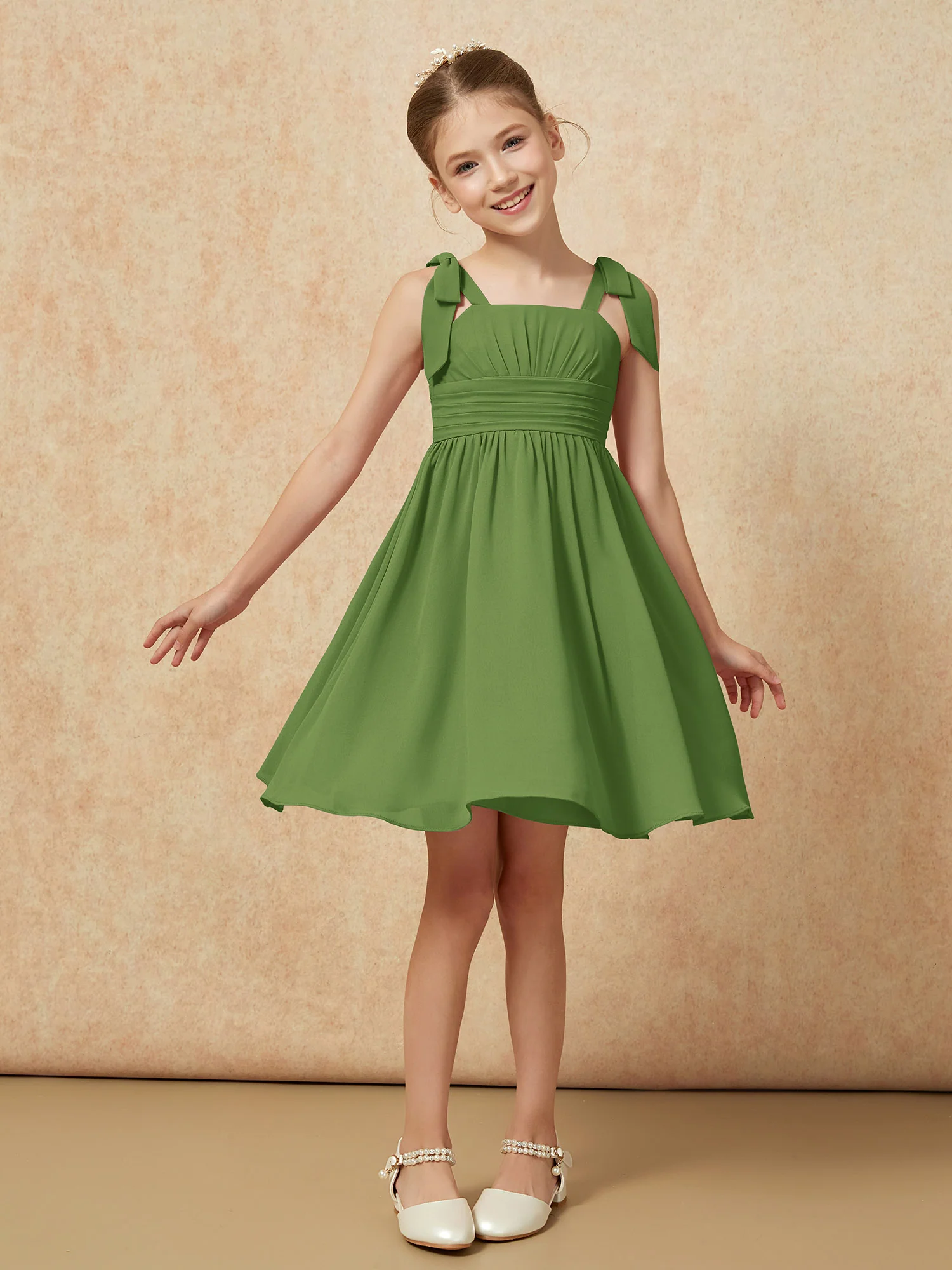 Bowknot Straps Knee-length Junior Bridesmaid Dresses Moss