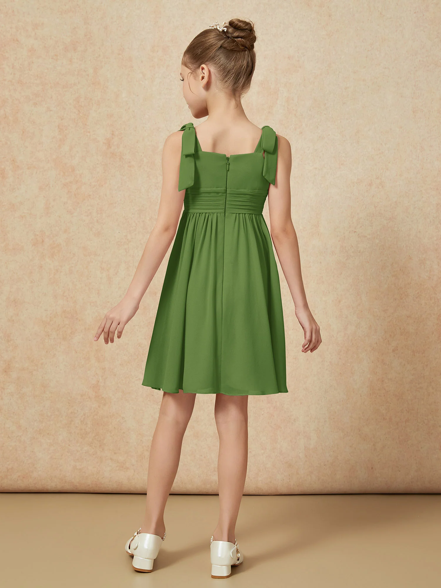 Bowknot Straps Knee-length Junior Bridesmaid Dresses Moss - Image 2