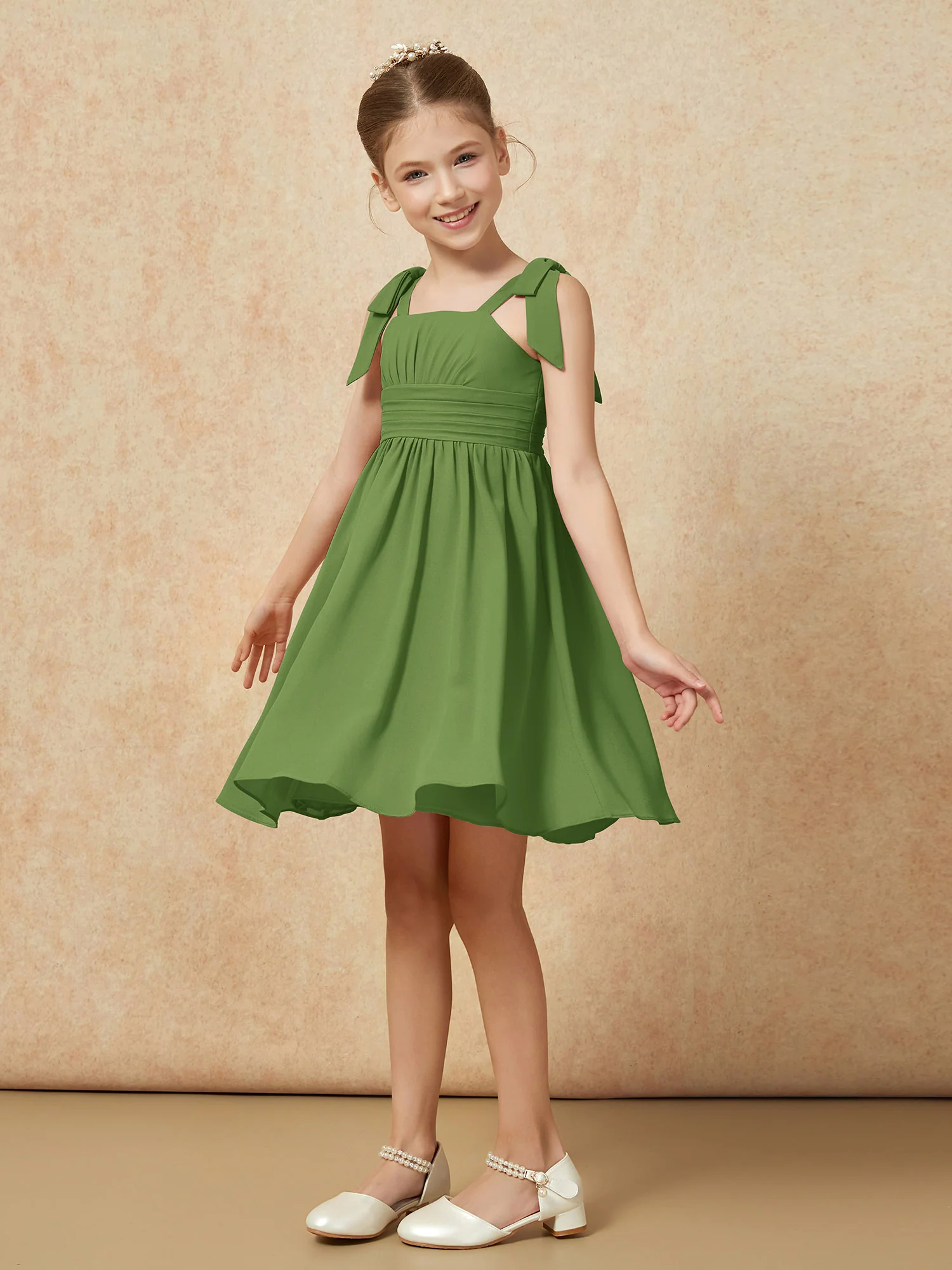 Bowknot Straps Knee-length Junior Bridesmaid Dresses Moss - Image 3