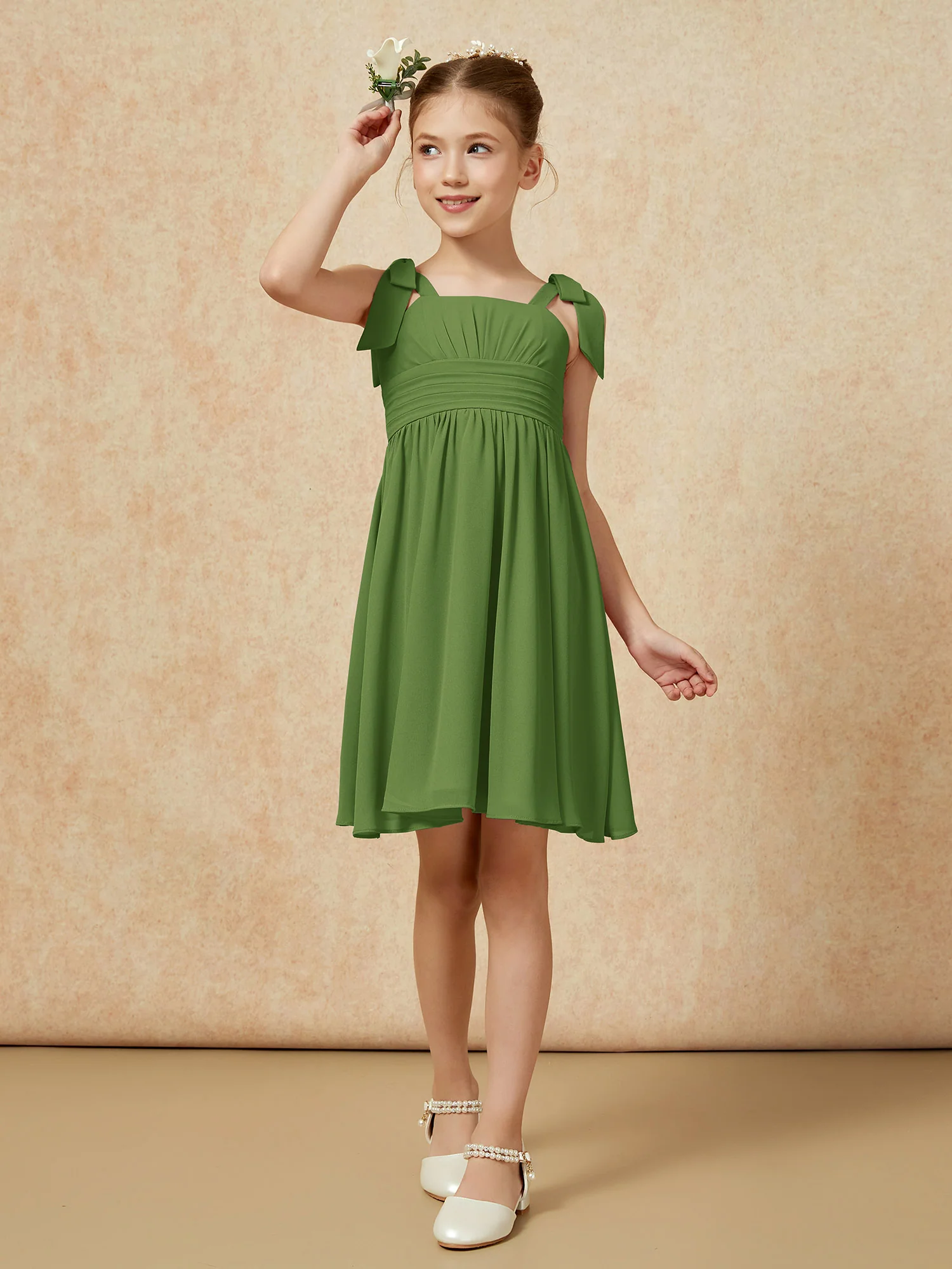 Bowknot Straps Knee-length Junior Bridesmaid Dresses Moss - Image 4
