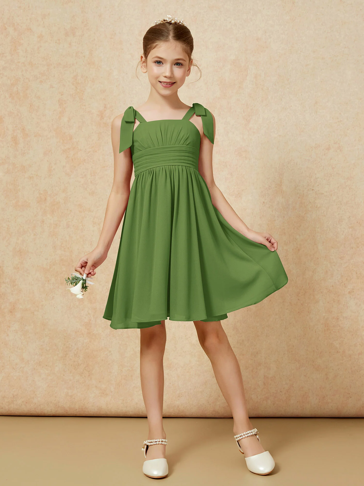 Bowknot Straps Knee-length Junior Bridesmaid Dresses Moss - Image 5