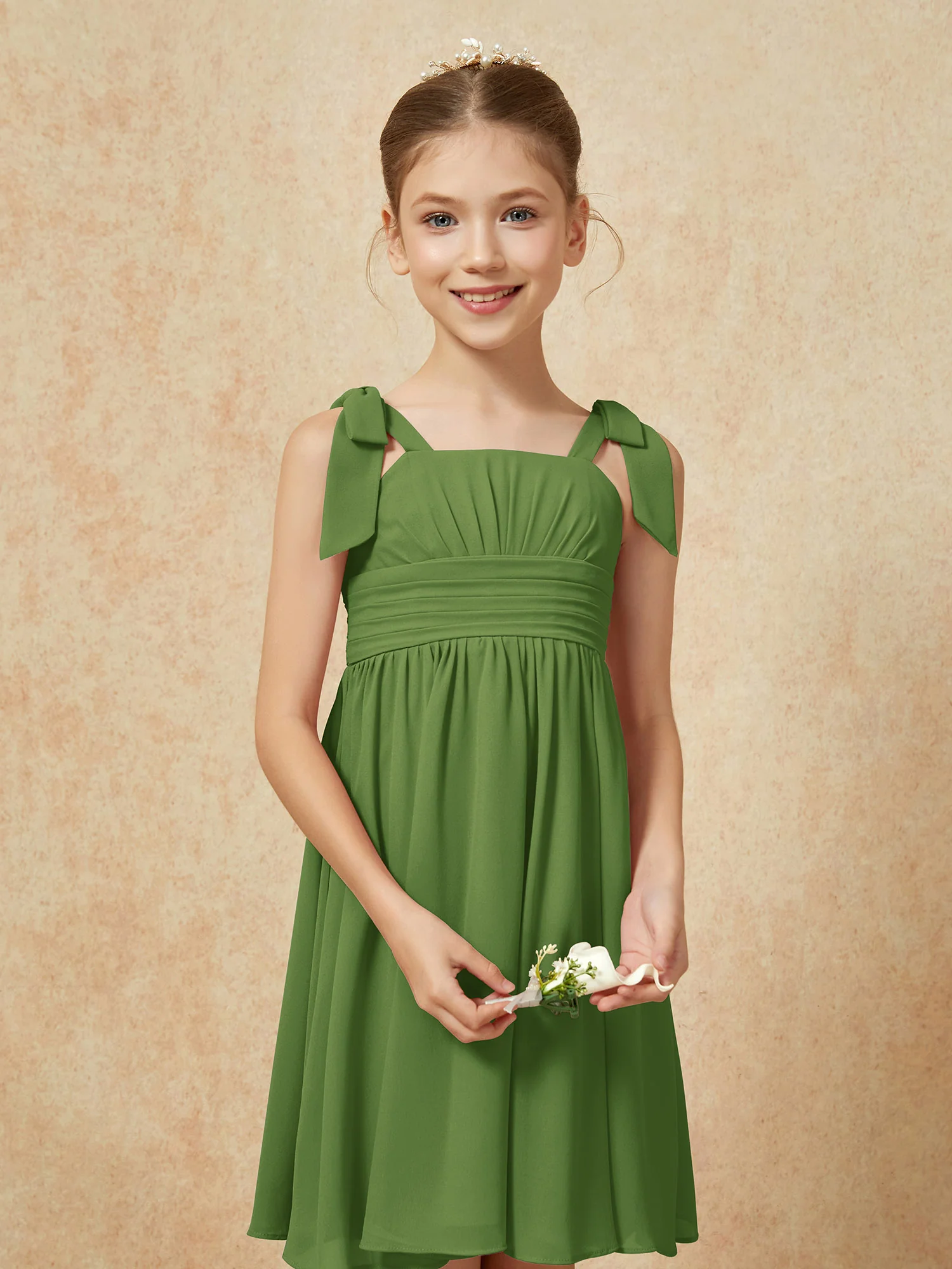 Bowknot Straps Knee-length Junior Bridesmaid Dresses Moss - Image 6