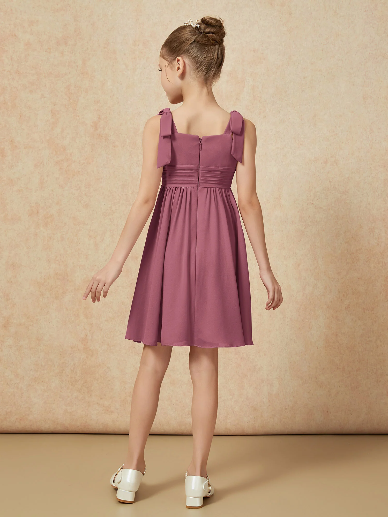 Bowknot Straps Knee-length Junior Bridesmaid Dresses Mulberry - Image 2