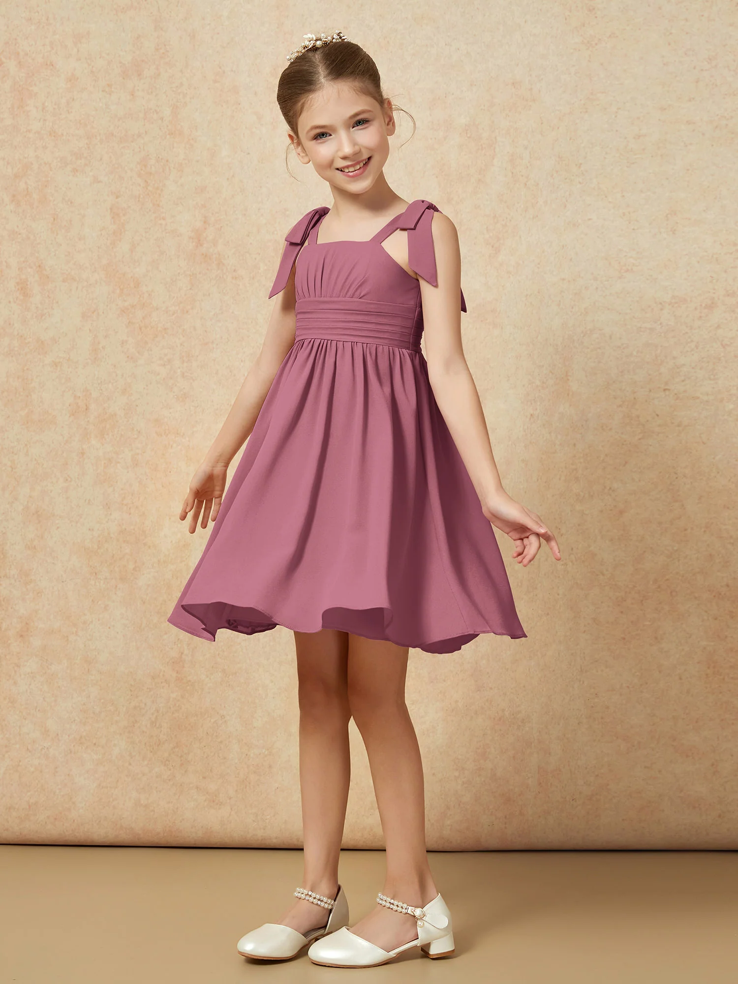 Bowknot Straps Knee-length Junior Bridesmaid Dresses Mulberry - Image 3