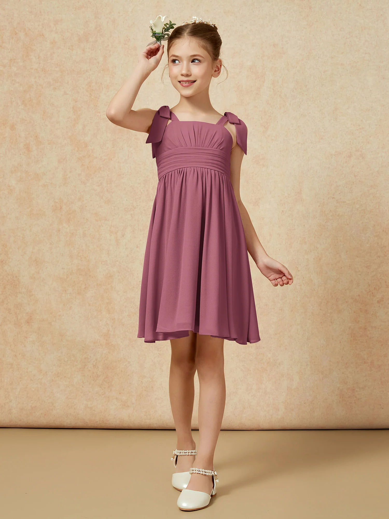 Bowknot Straps Knee-length Junior Bridesmaid Dresses Mulberry - Image 4
