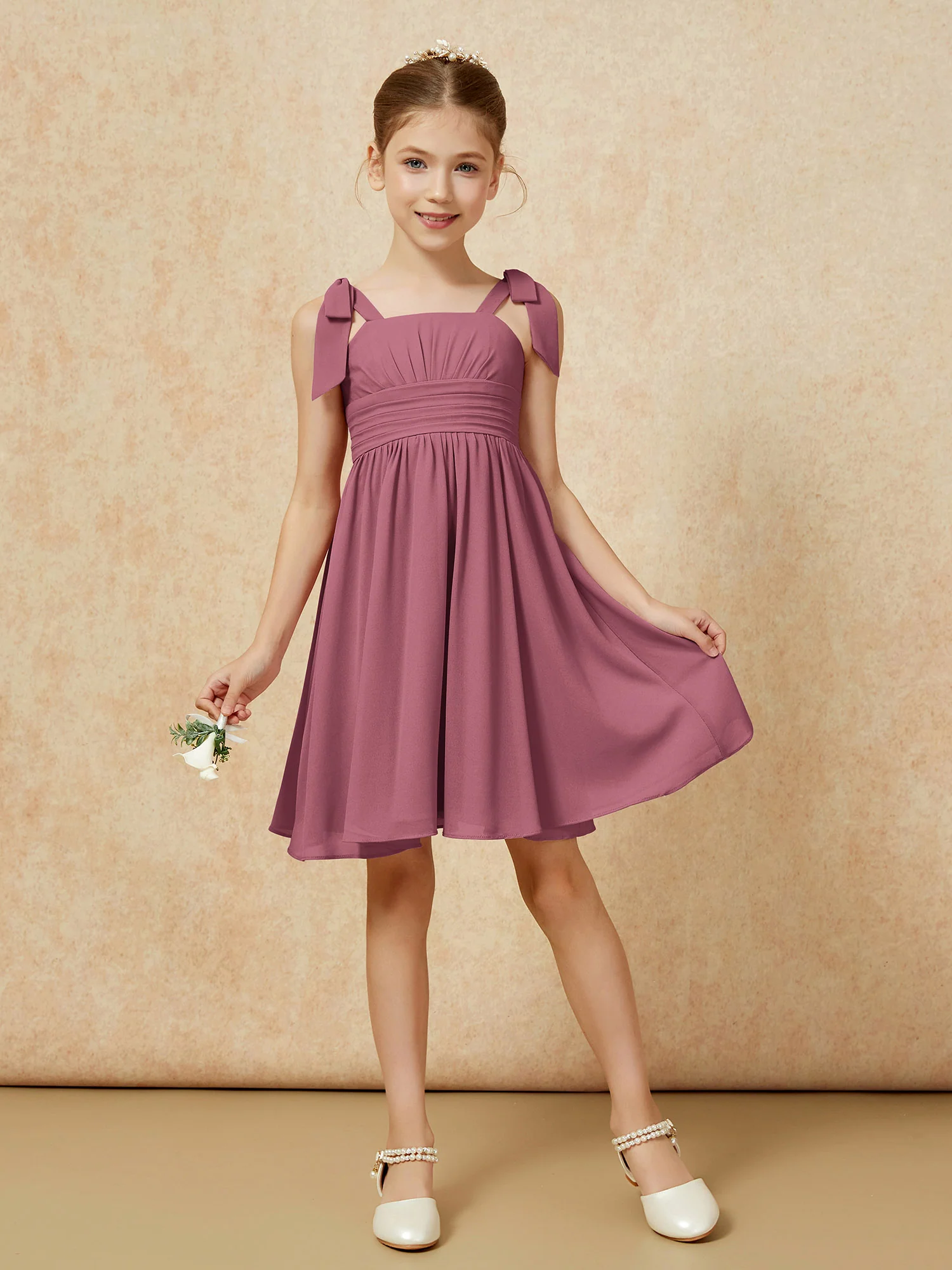 Bowknot Straps Knee-length Junior Bridesmaid Dresses Mulberry - Image 5
