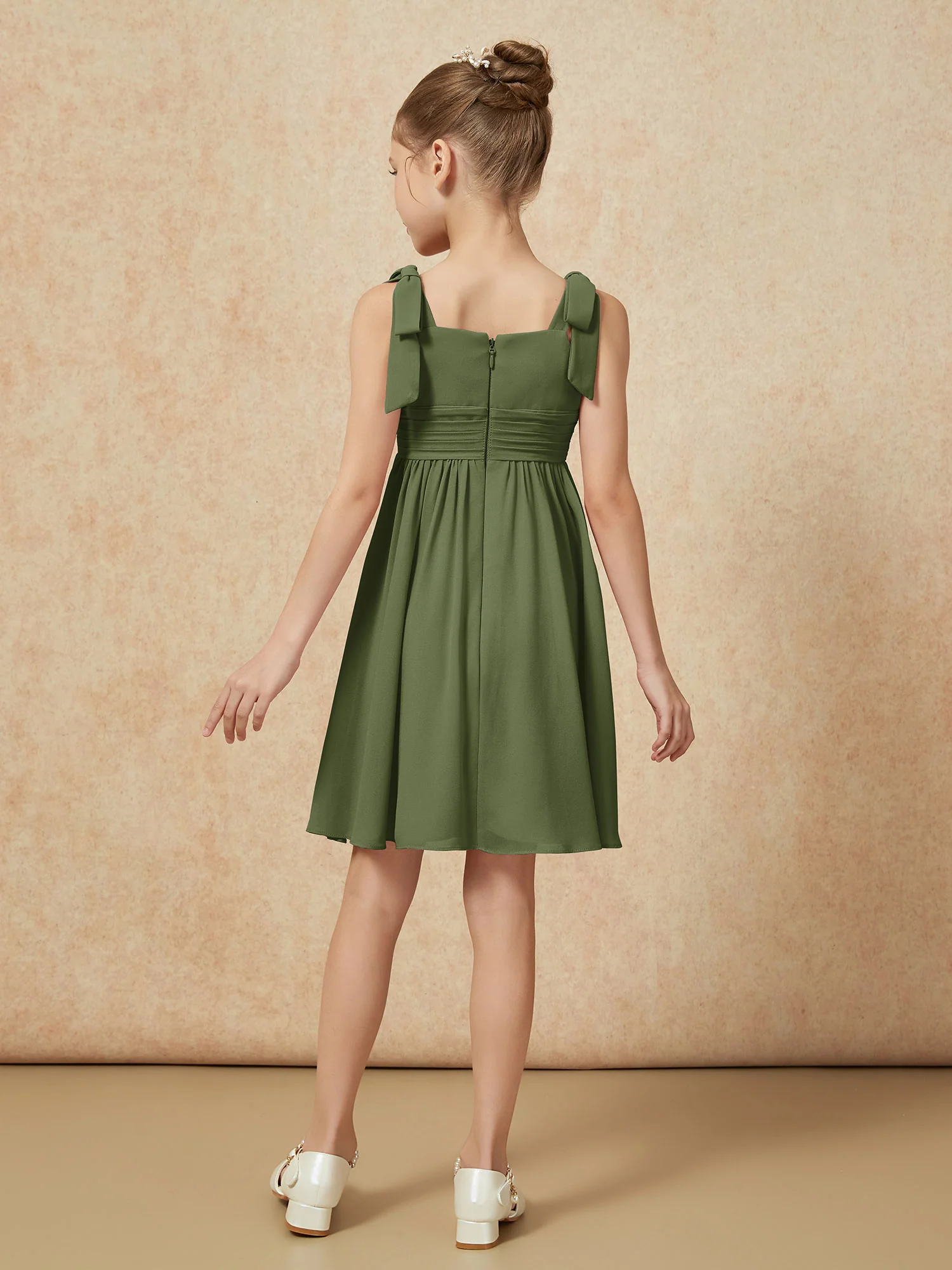 Bowknot Straps Knee-length Junior Bridesmaid Dresses Olive Green - Image 2