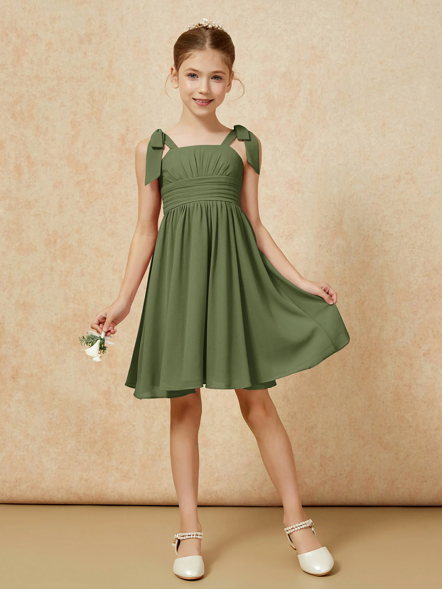 Bowknot Straps Knee-length Junior Bridesmaid Dresses Olive Green - Image 5