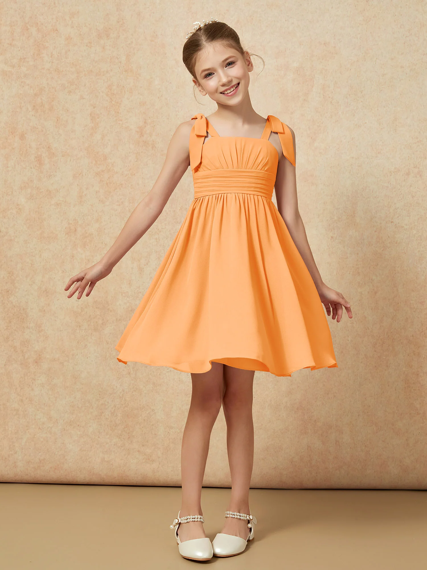 Bowknot Straps Knee-length Junior Bridesmaid Dresses Orange