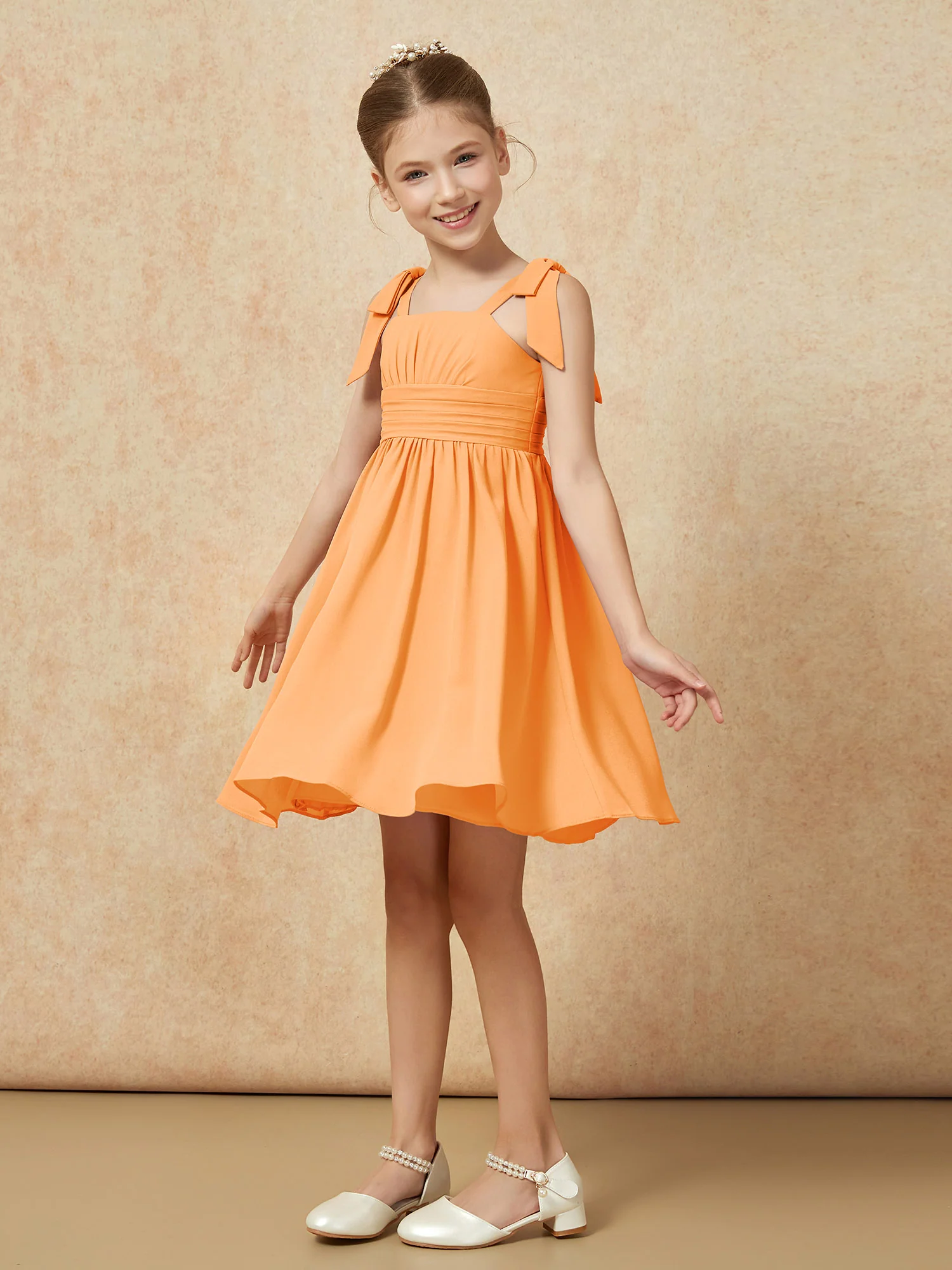 Bowknot Straps Knee-length Junior Bridesmaid Dresses Orange - Image 3