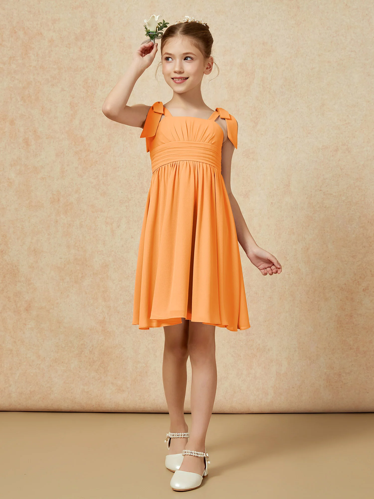 Bowknot Straps Knee-length Junior Bridesmaid Dresses Orange - Image 4