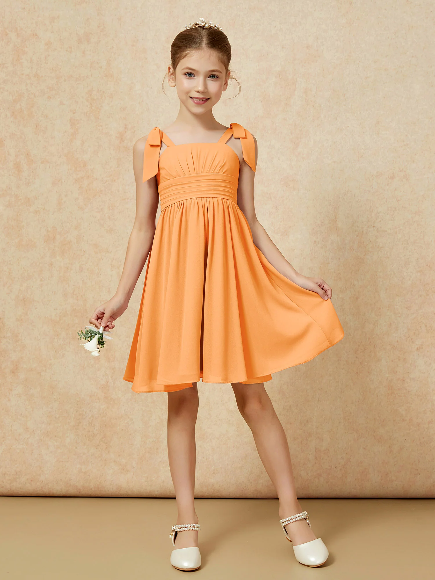 Bowknot Straps Knee-length Junior Bridesmaid Dresses Orange - Image 5