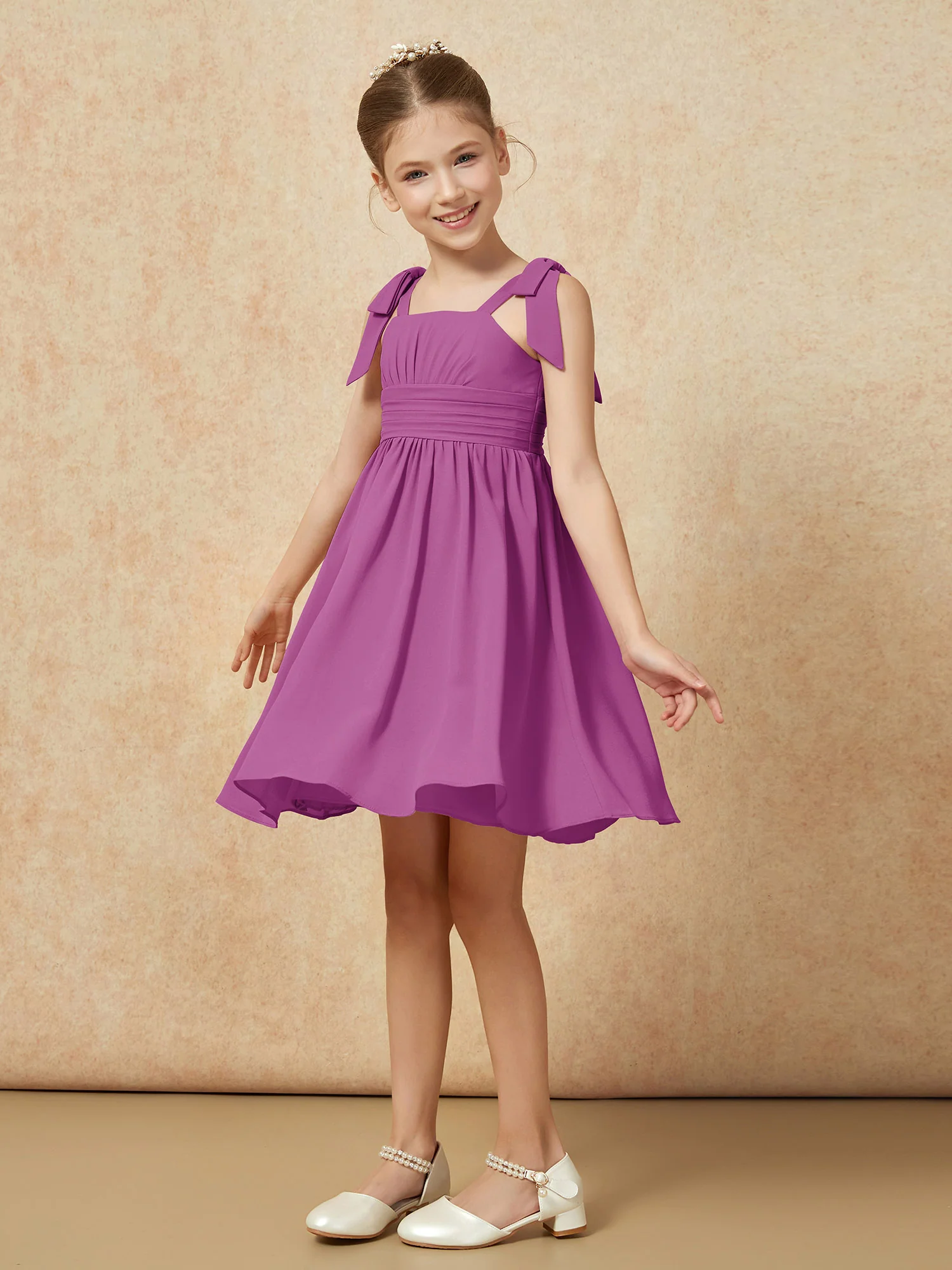 Bowknot Straps Knee-length Junior Bridesmaid Dresses Orchid - Image 3