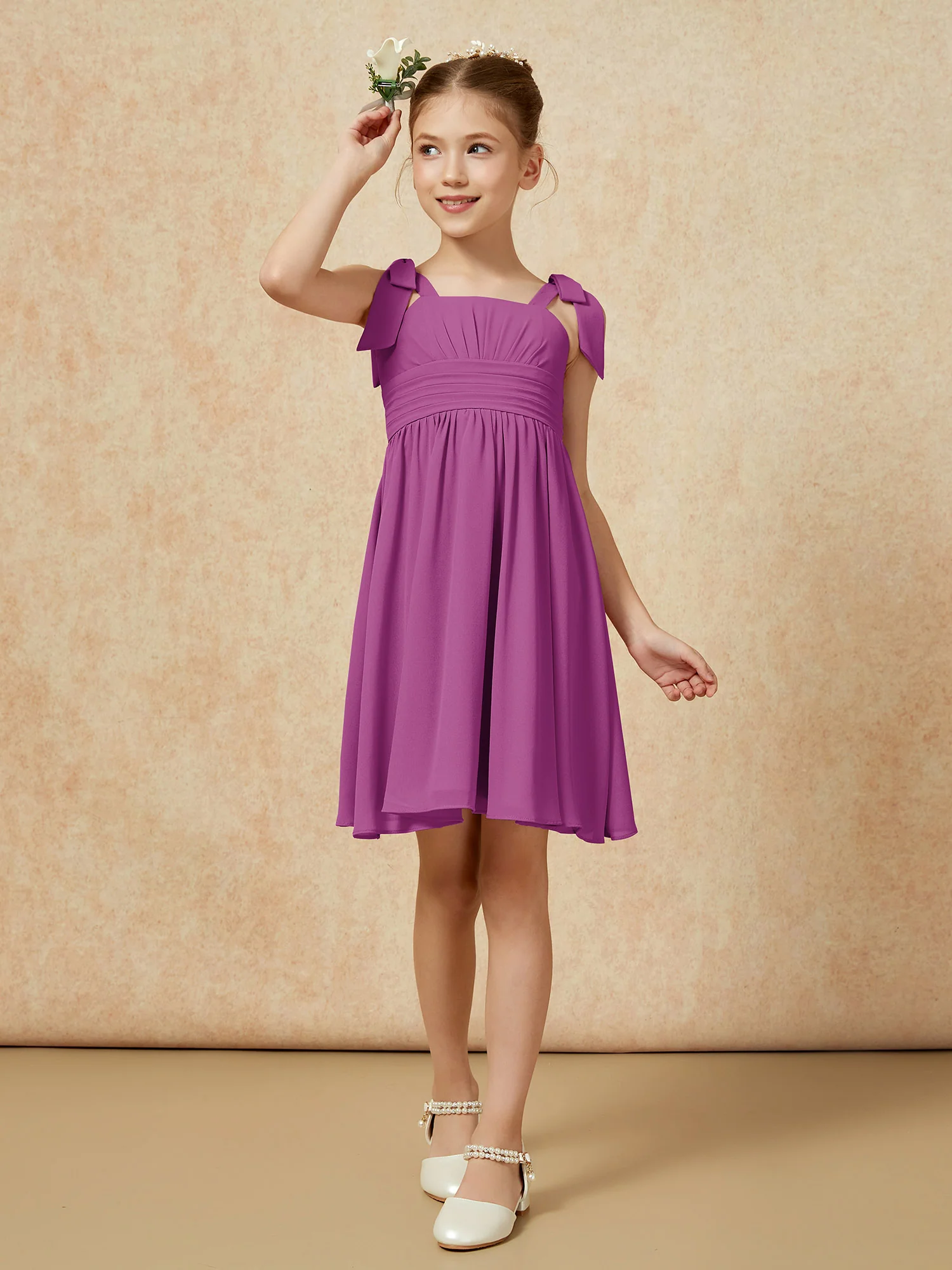 Bowknot Straps Knee-length Junior Bridesmaid Dresses Orchid - Image 4