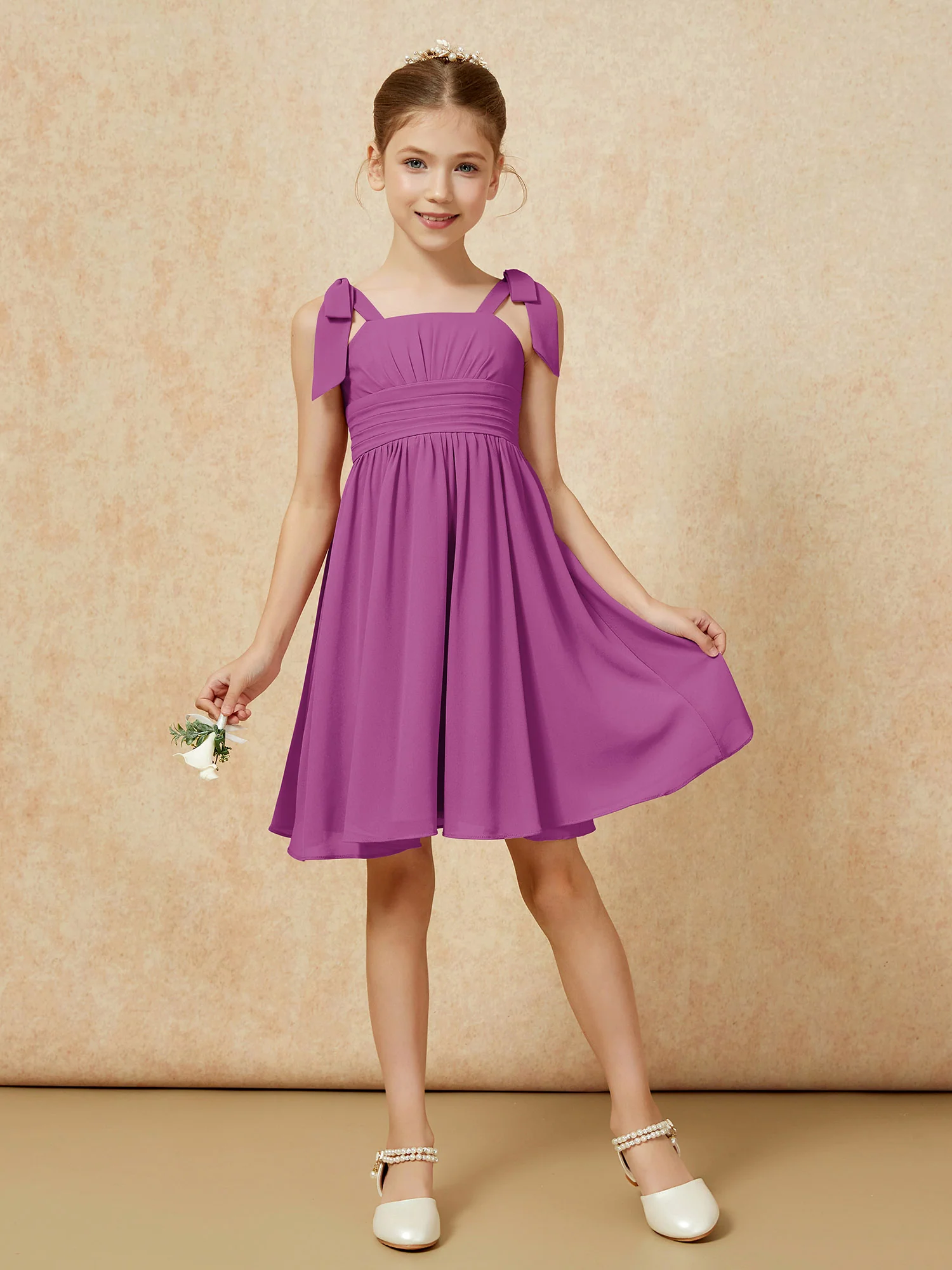Bowknot Straps Knee-length Junior Bridesmaid Dresses Orchid - Image 5