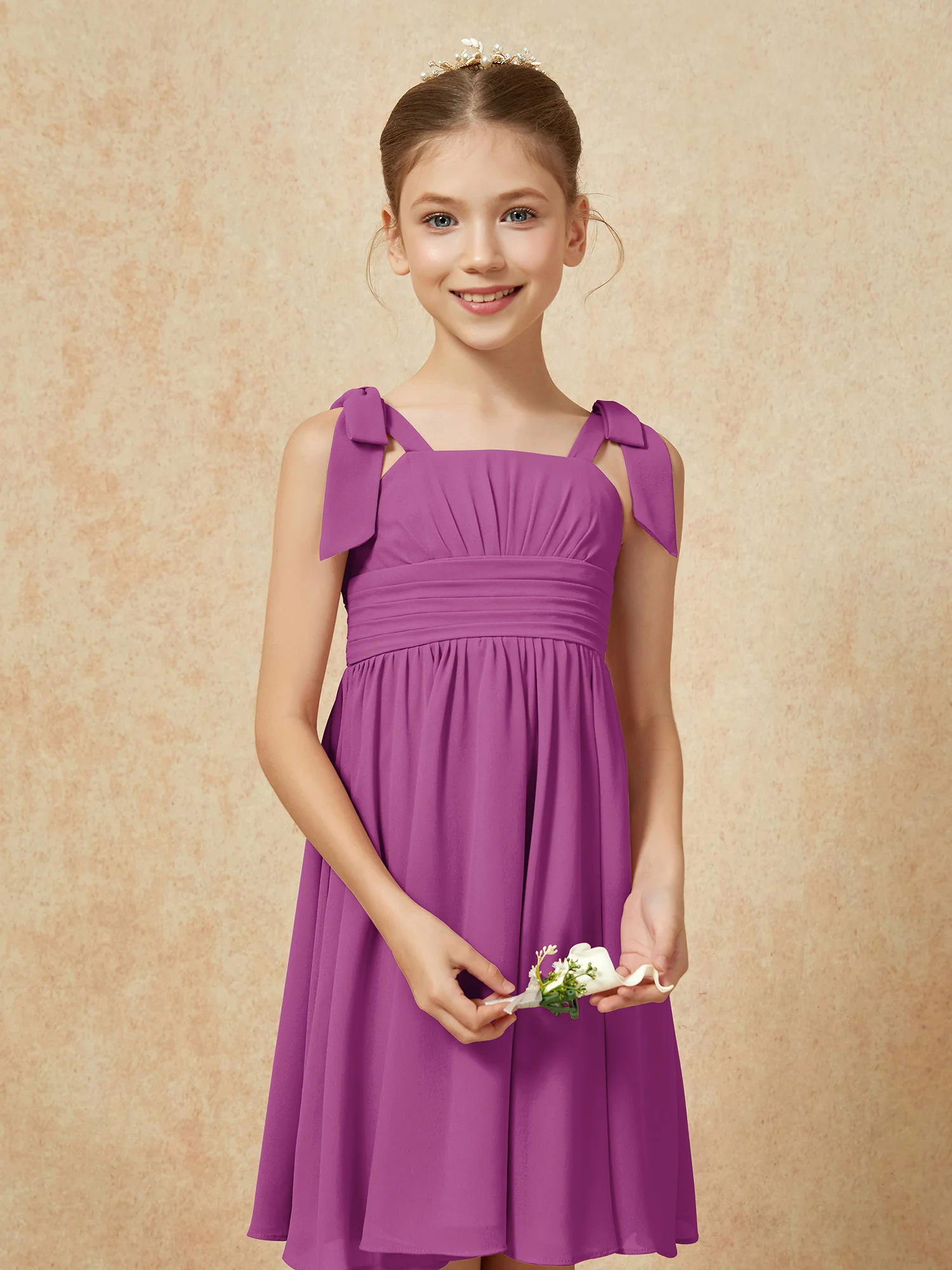Bowknot Straps Knee-length Junior Bridesmaid Dresses Orchid - Image 6