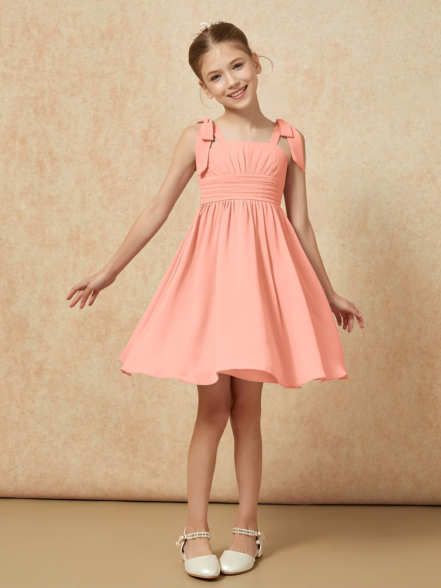 Bowknot Straps Knee-length Junior Bridesmaid Dresses Papaya