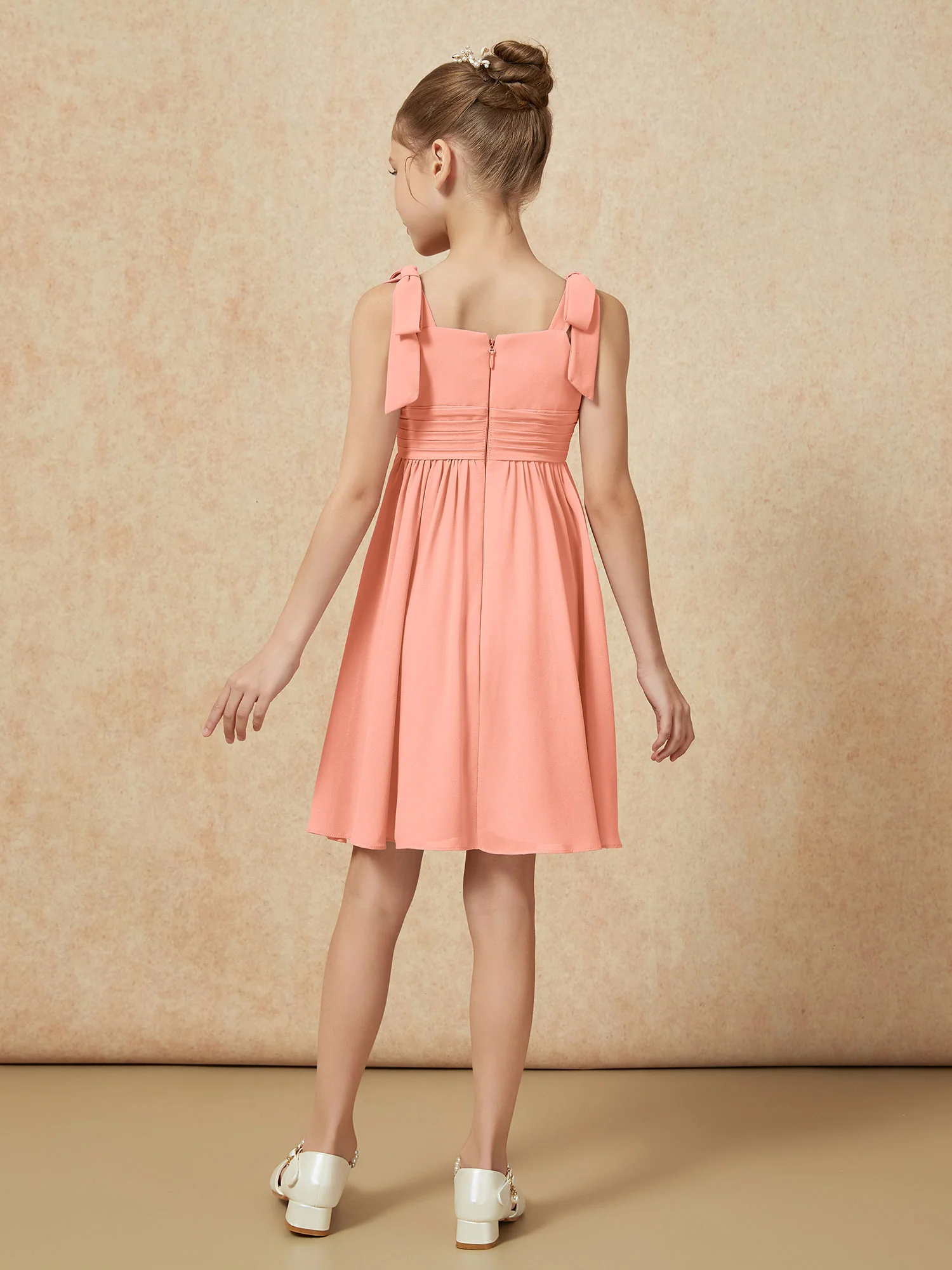 Bowknot Straps Knee-length Junior Bridesmaid Dresses Papaya - Image 2