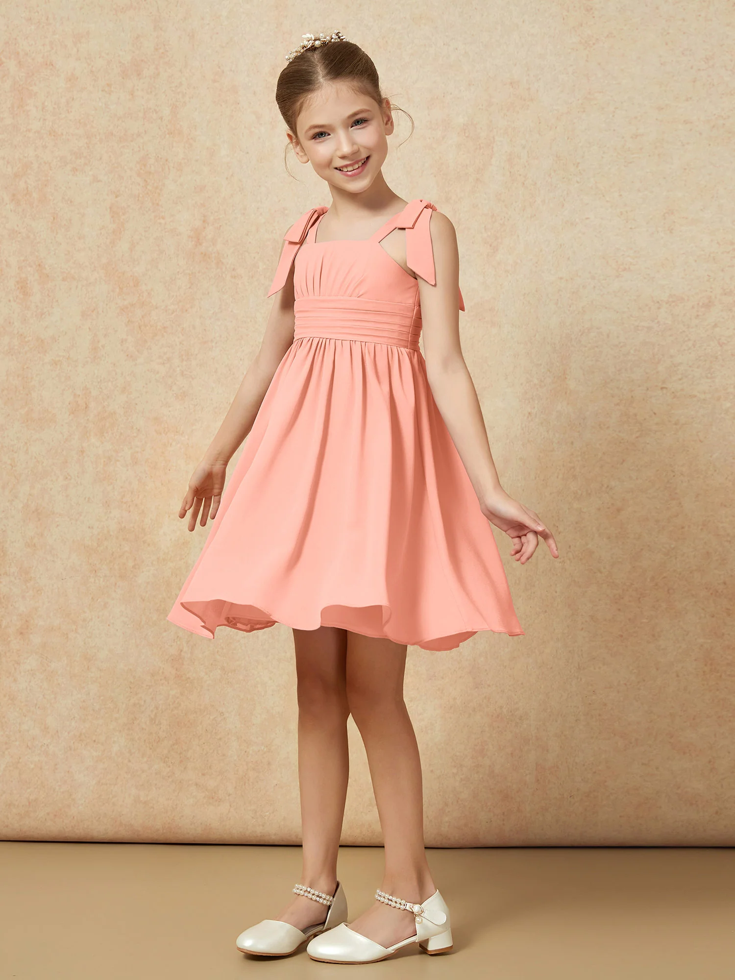 Bowknot Straps Knee-length Junior Bridesmaid Dresses Papaya - Image 3