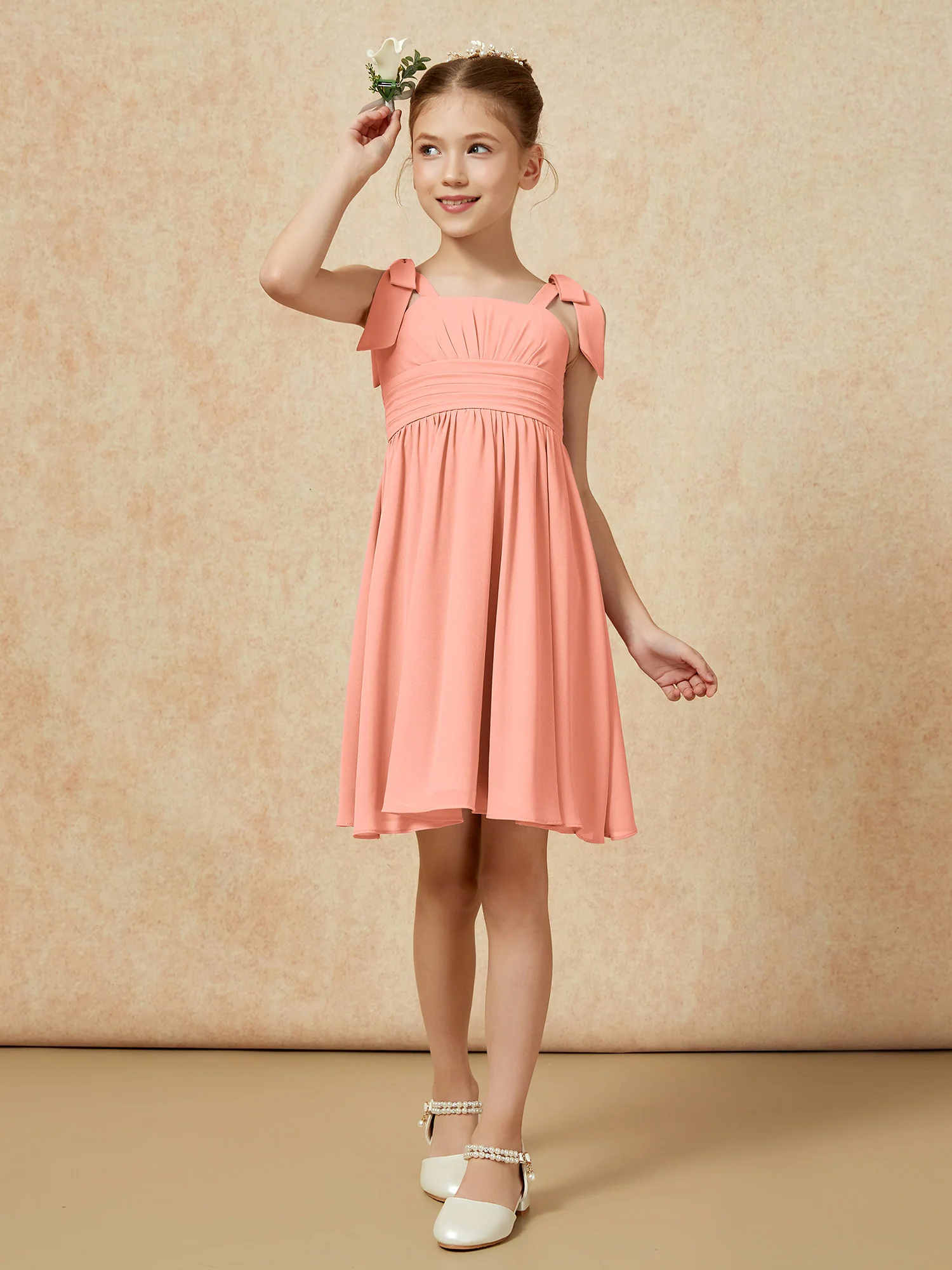 Bowknot Straps Knee-length Junior Bridesmaid Dresses Papaya - Image 4