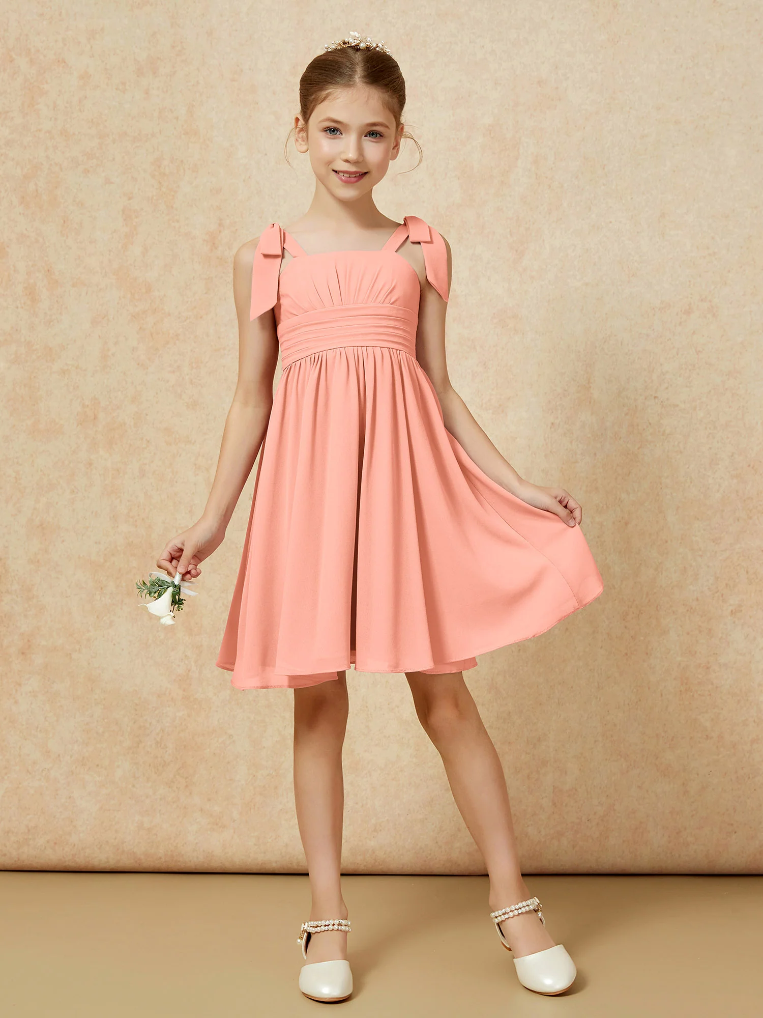 Bowknot Straps Knee-length Junior Bridesmaid Dresses Papaya - Image 5