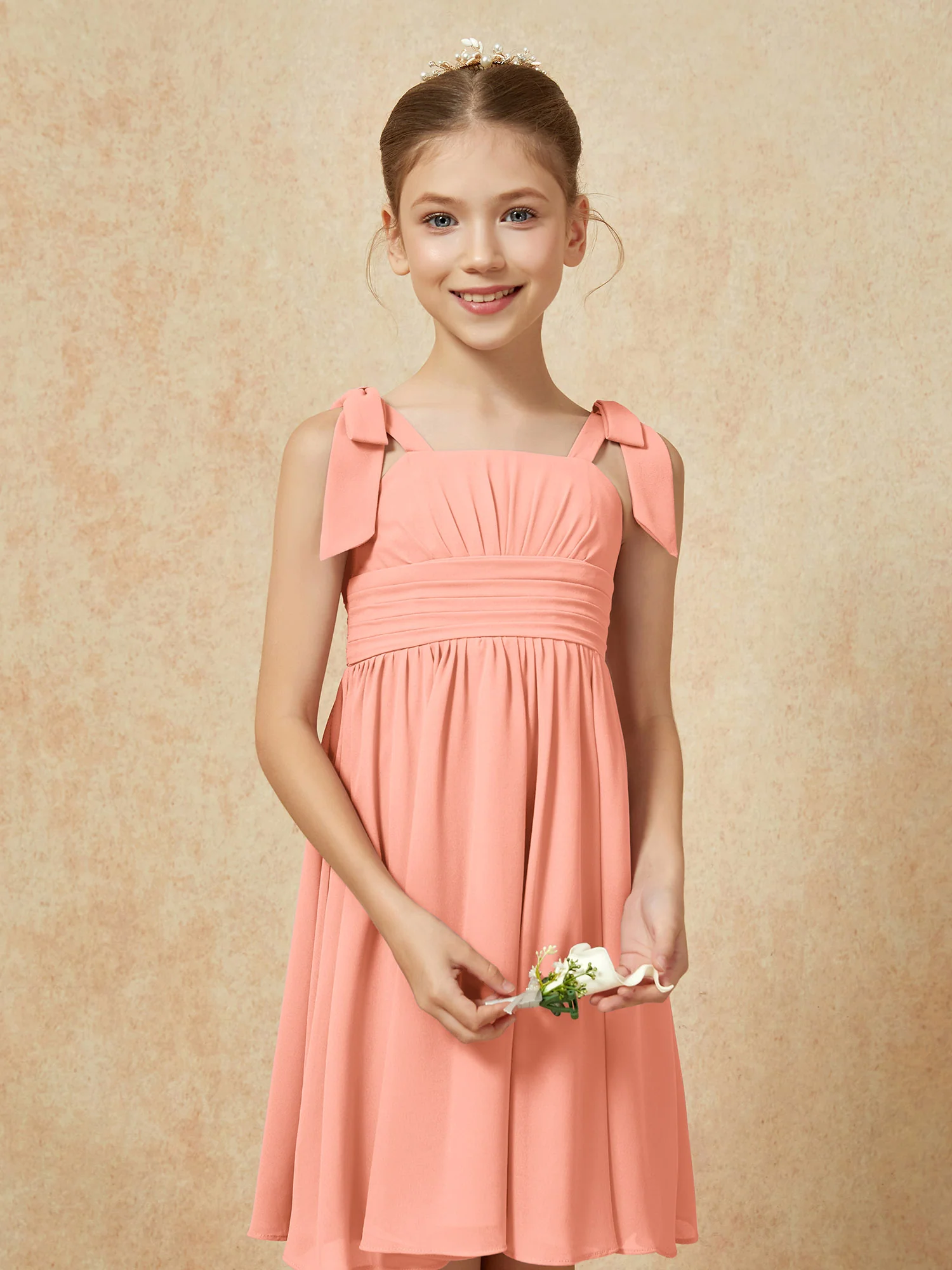 Bowknot Straps Knee-length Junior Bridesmaid Dresses Papaya - Image 6