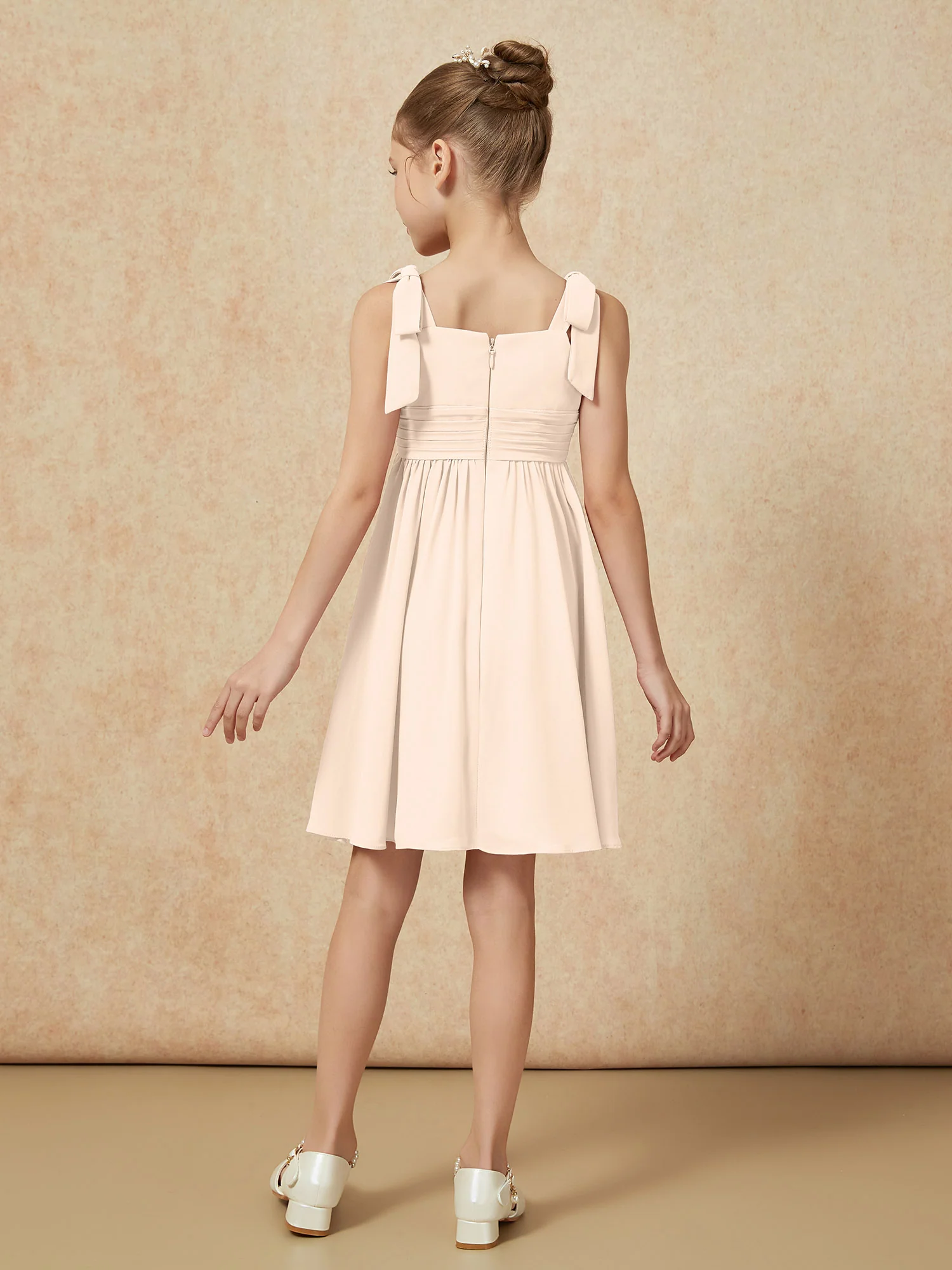 Bowknot Straps Knee-length Junior Bridesmaid Dresses Peach - Image 2