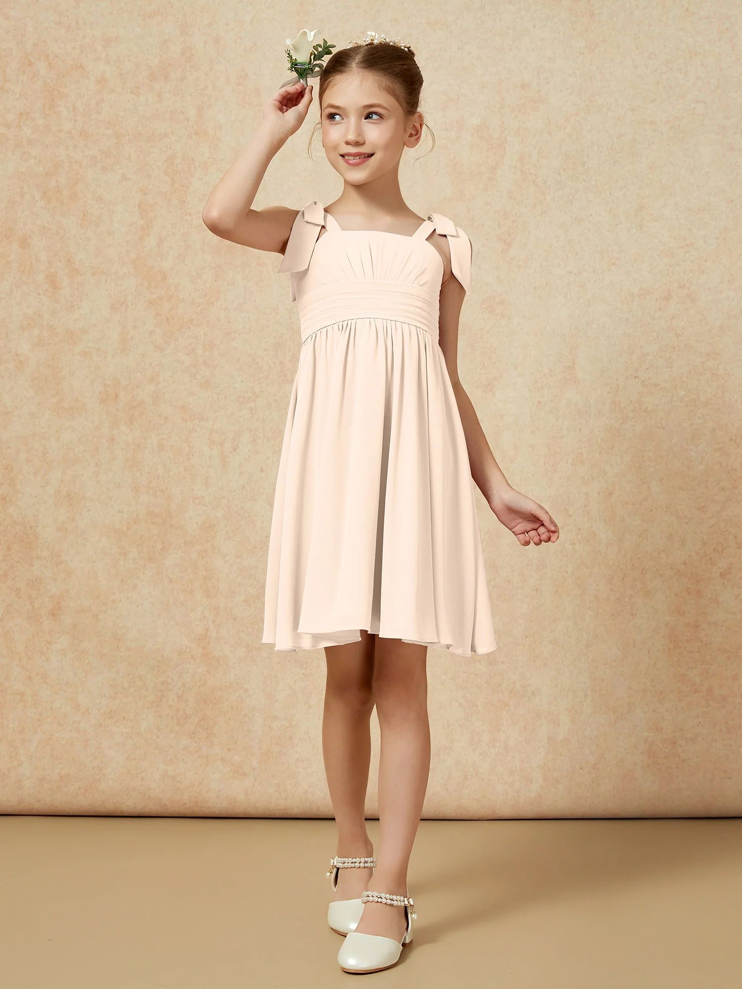 Bowknot Straps Knee-length Junior Bridesmaid Dresses Peach - Image 4