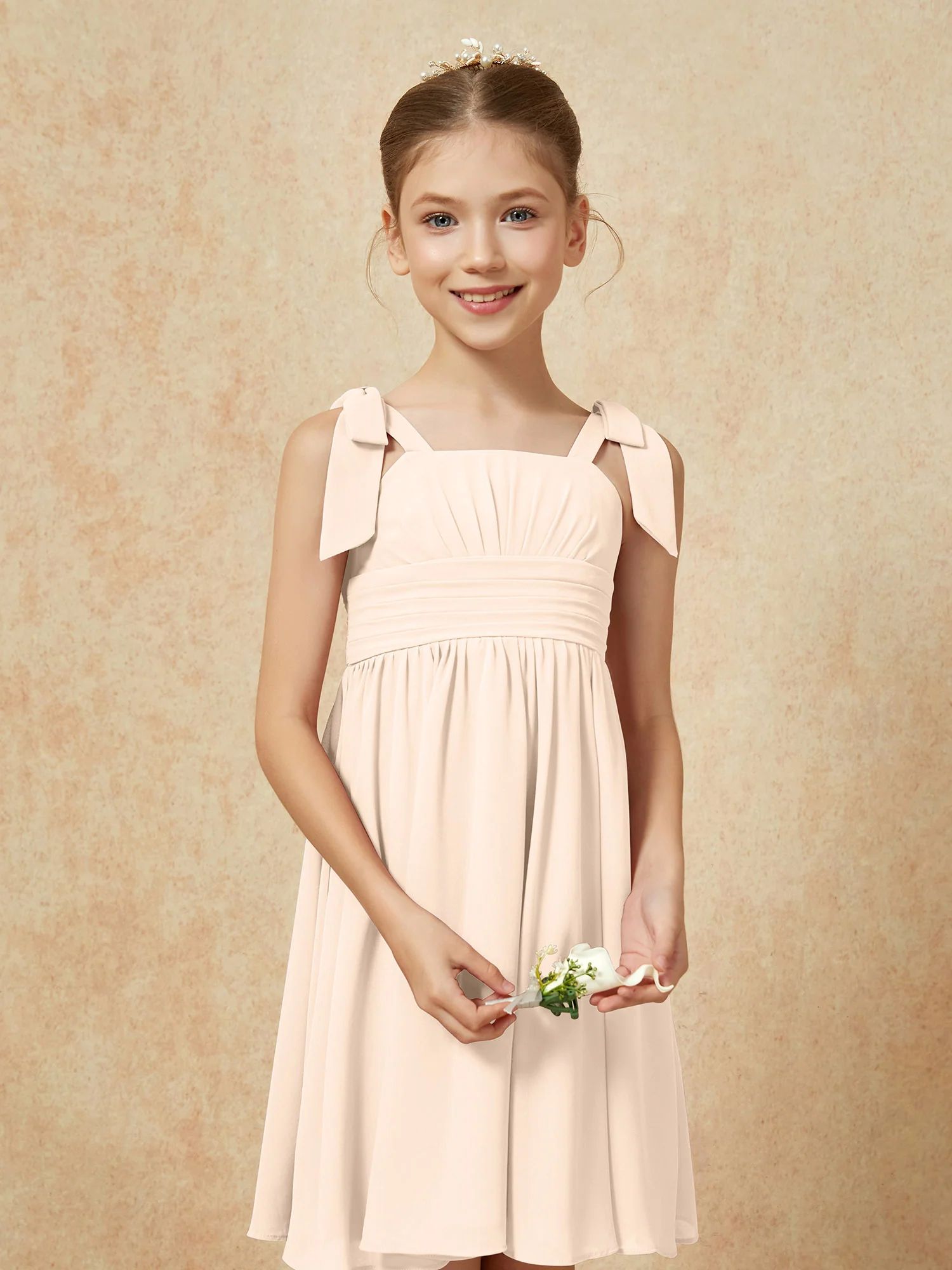 Bowknot Straps Knee-length Junior Bridesmaid Dresses Peach - Image 6