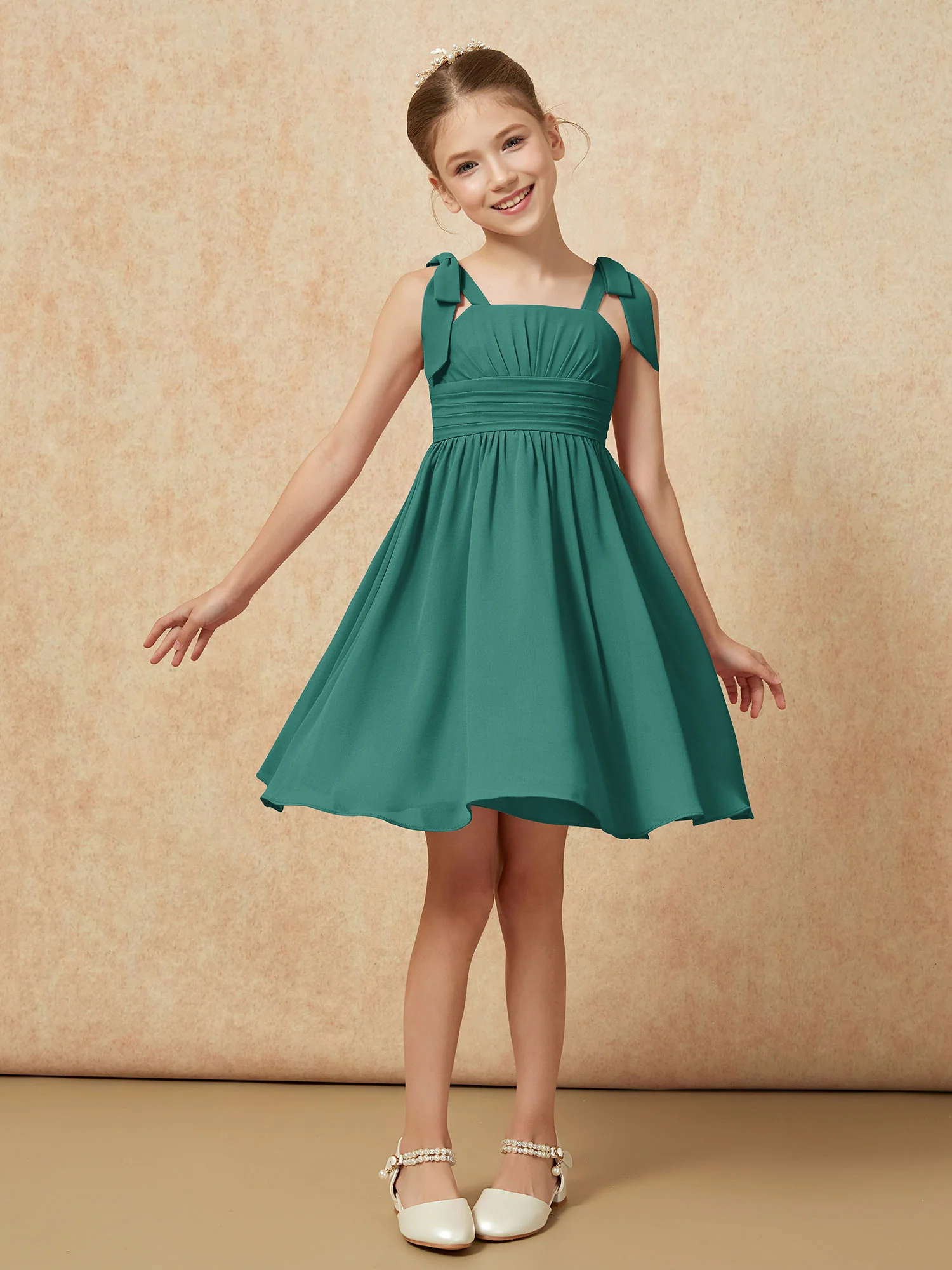Bowknot Straps Knee-length Junior Bridesmaid Dresses Peacock