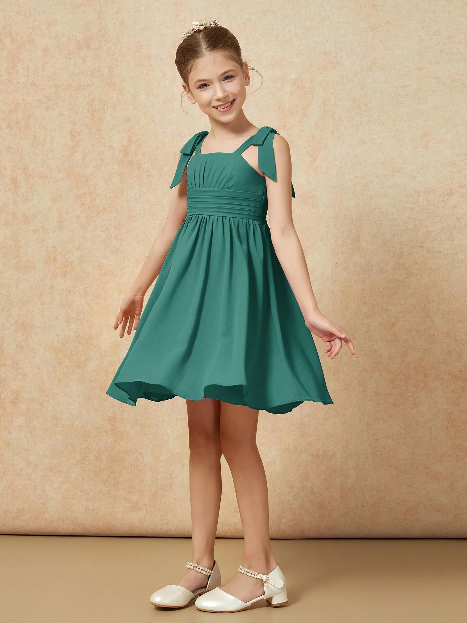 Bowknot Straps Knee-length Junior Bridesmaid Dresses Peacock - Image 3