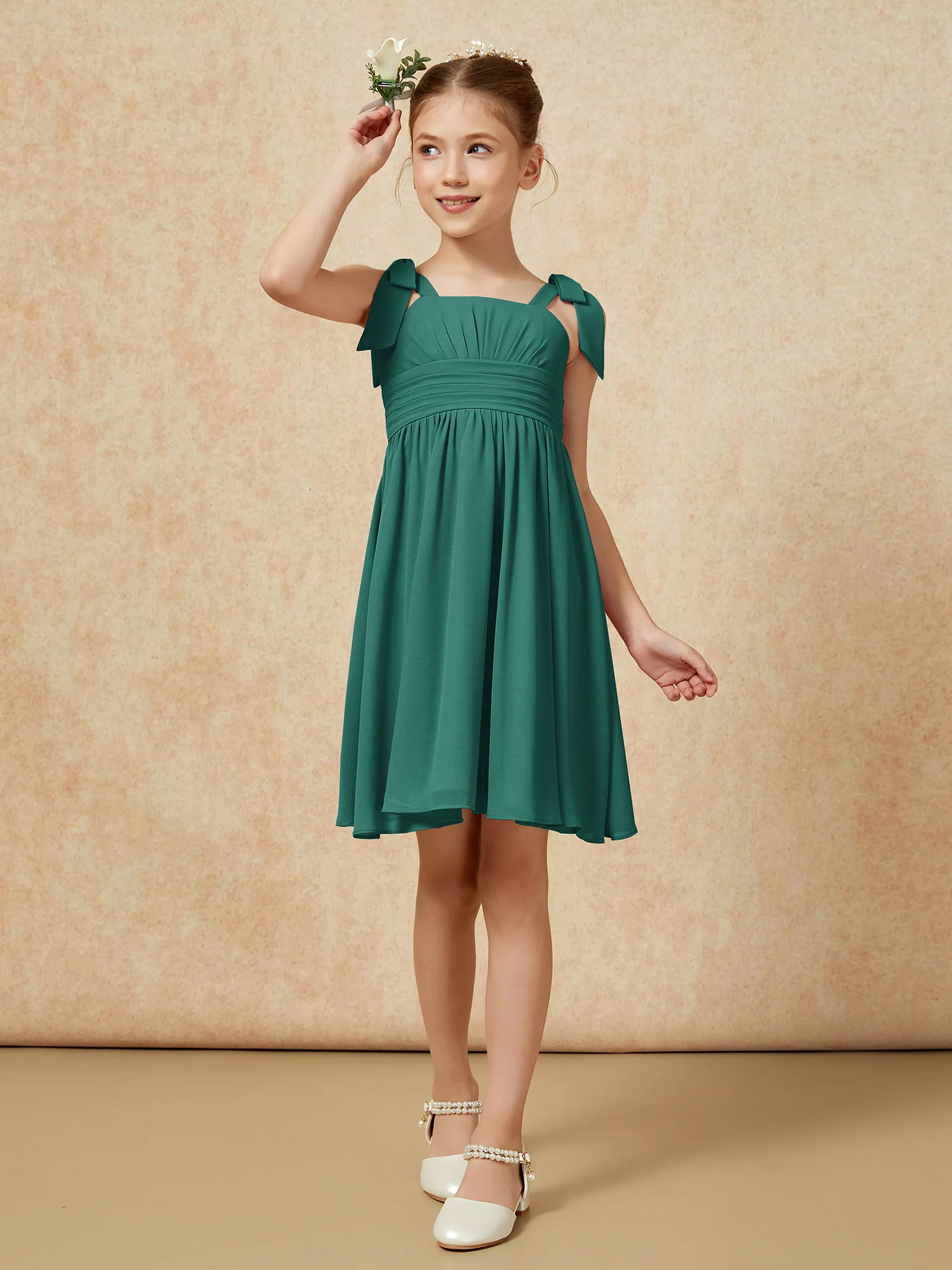 Bowknot Straps Knee-length Junior Bridesmaid Dresses Peacock - Image 4