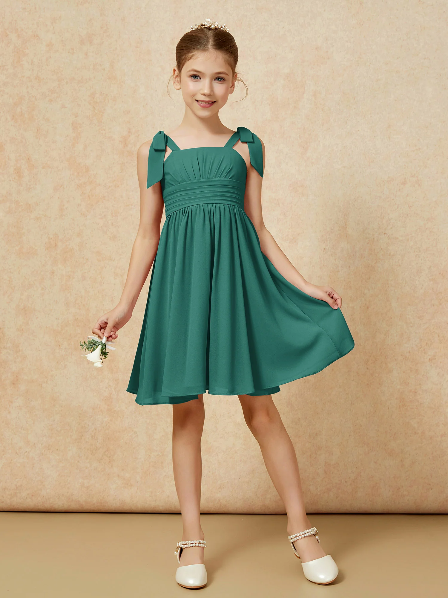 Bowknot Straps Knee-length Junior Bridesmaid Dresses Peacock - Image 5