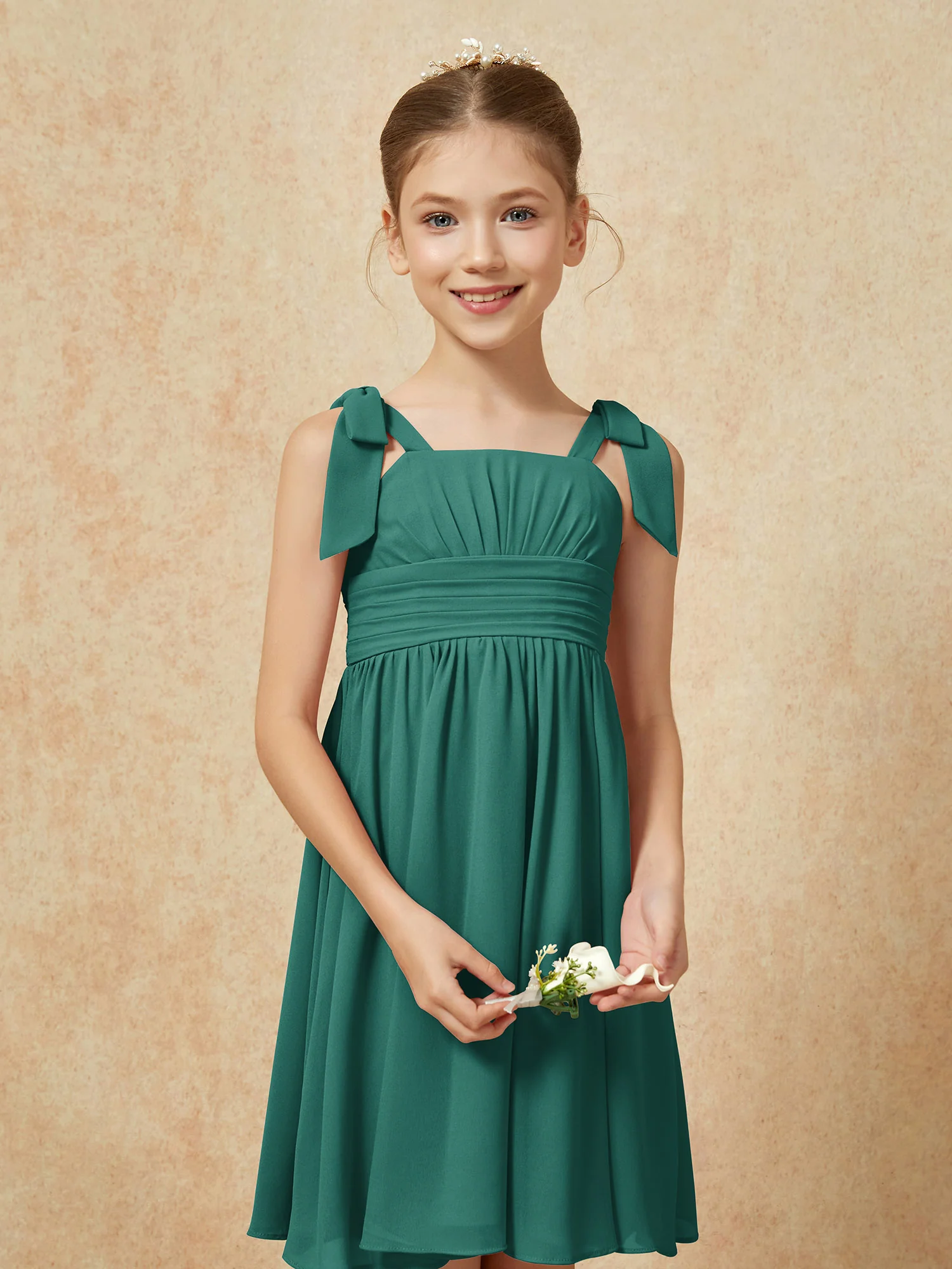 Bowknot Straps Knee-length Junior Bridesmaid Dresses Peacock - Image 6