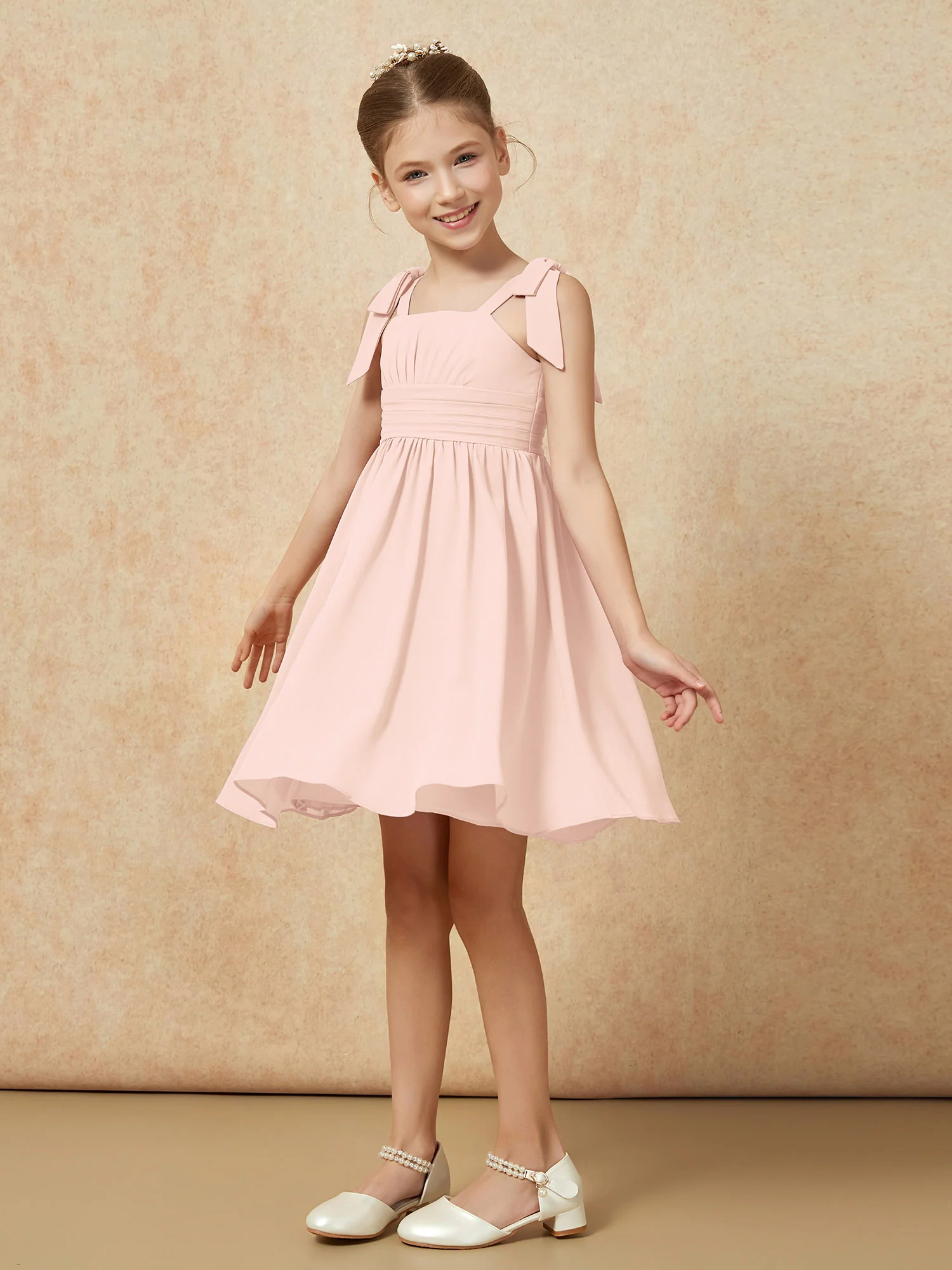 Bowknot Straps Knee-length Junior Bridesmaid Dresses Pearl Pink - Image 3