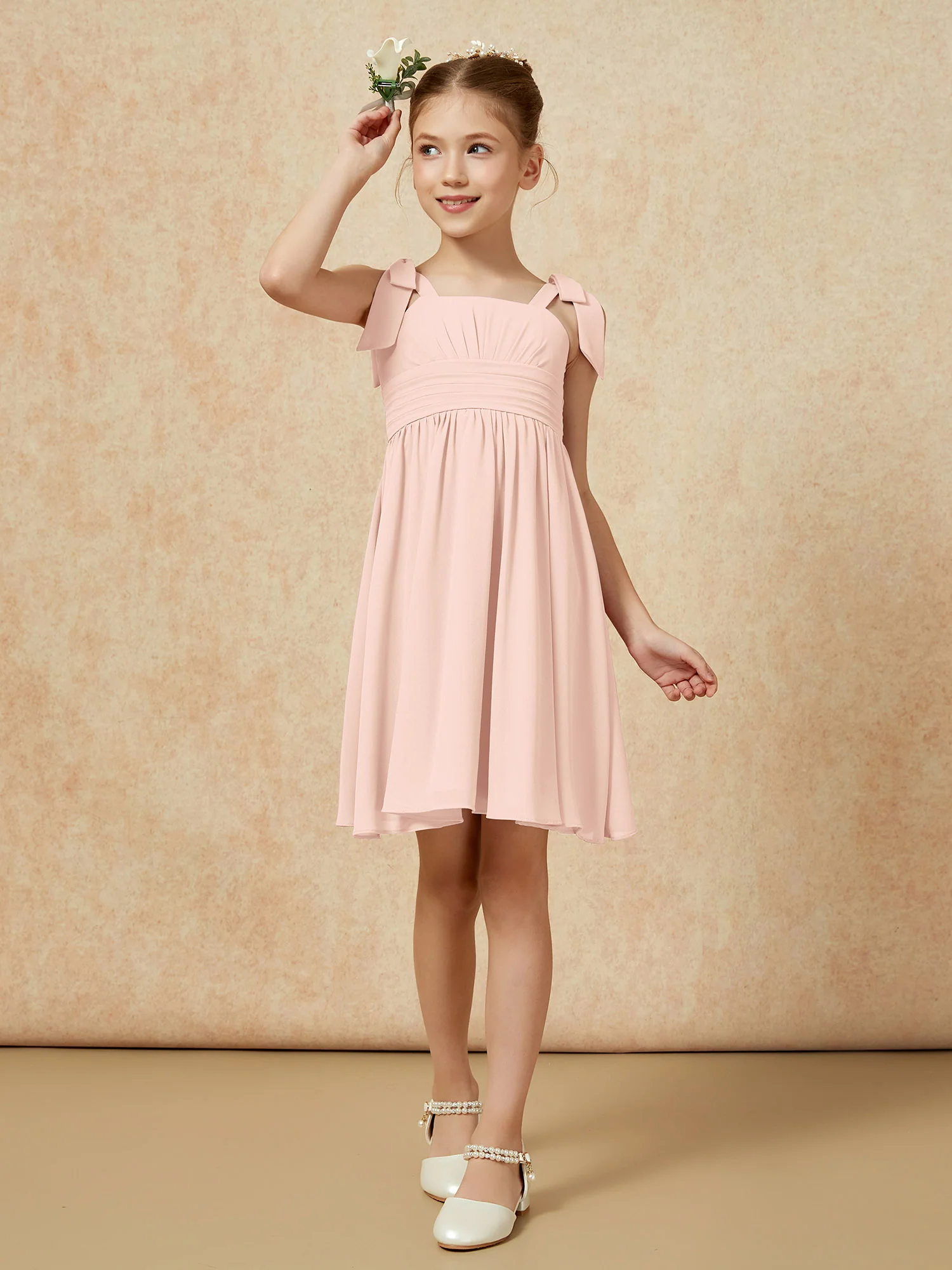 Bowknot Straps Knee-length Junior Bridesmaid Dresses Pearl Pink - Image 4