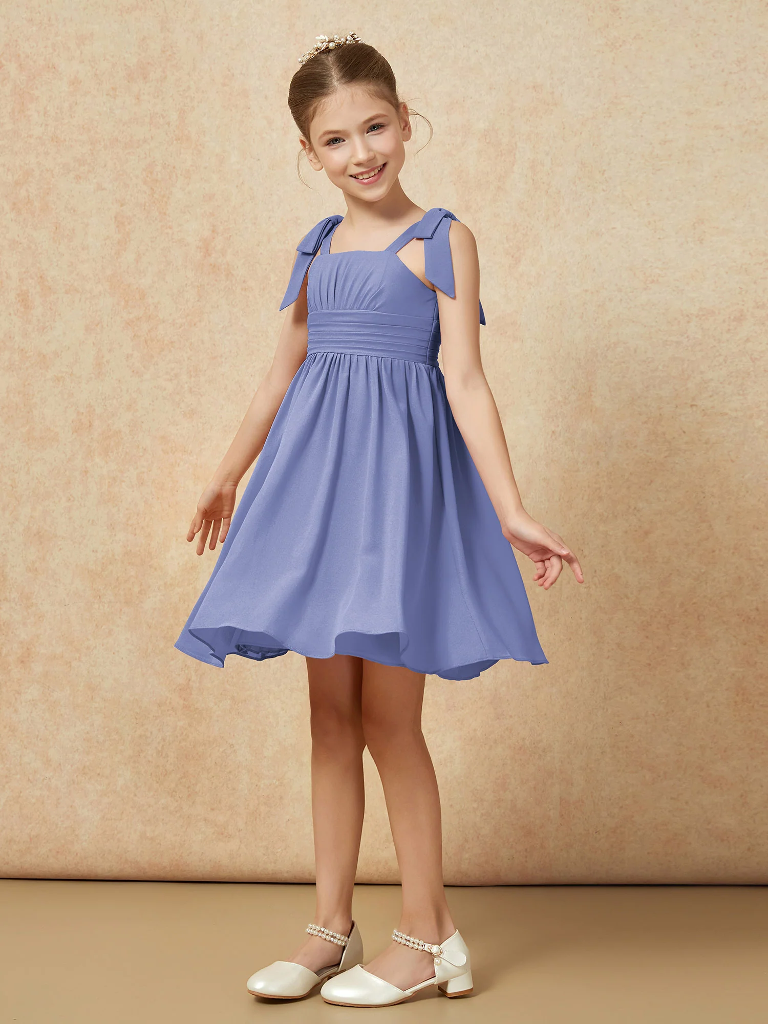 Bowknot Straps Knee-length Junior Bridesmaid Dresses Periwinkle - Image 3