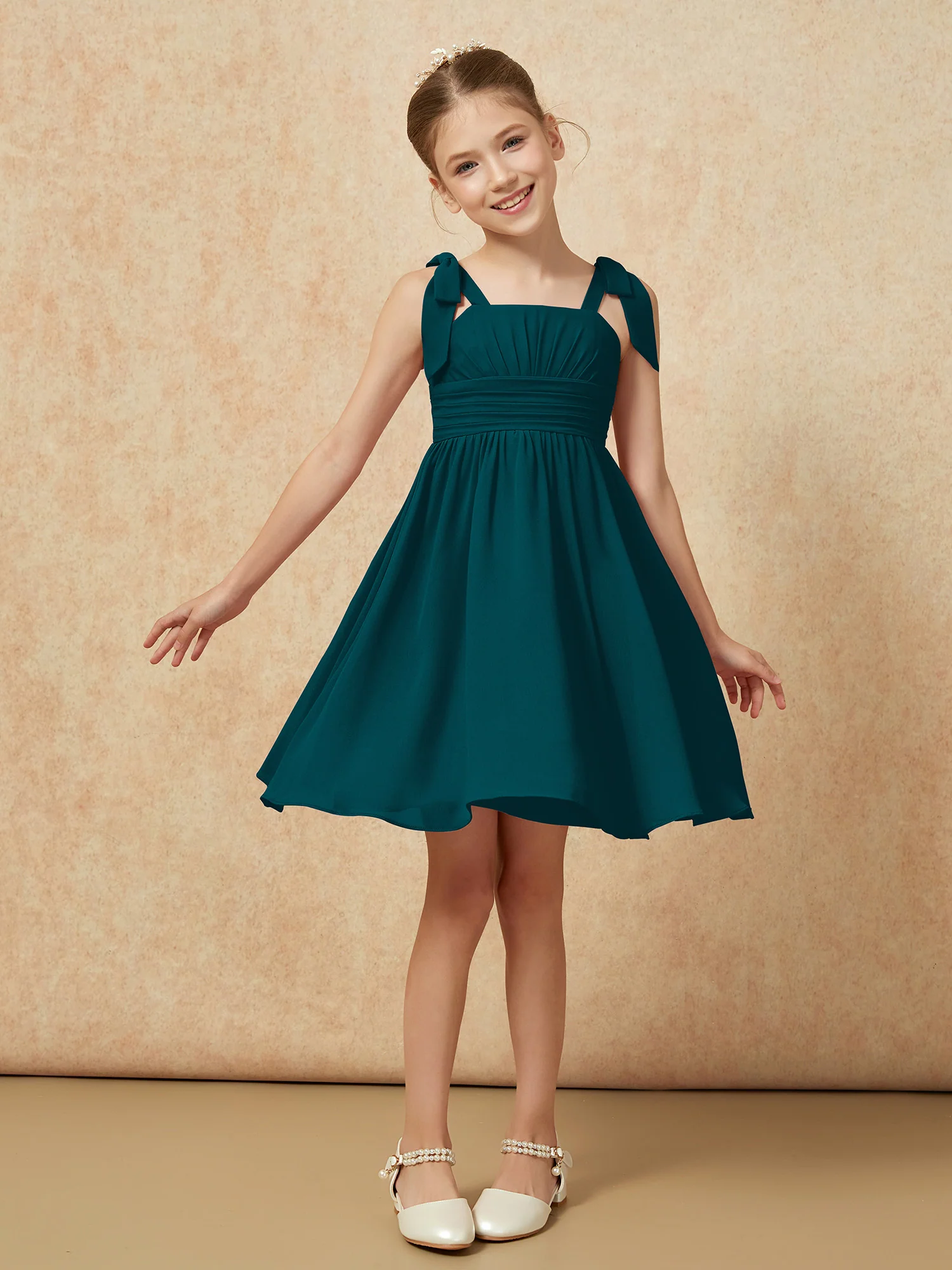 Bowknot Straps Knee-length Junior Bridesmaid Dresses Pine