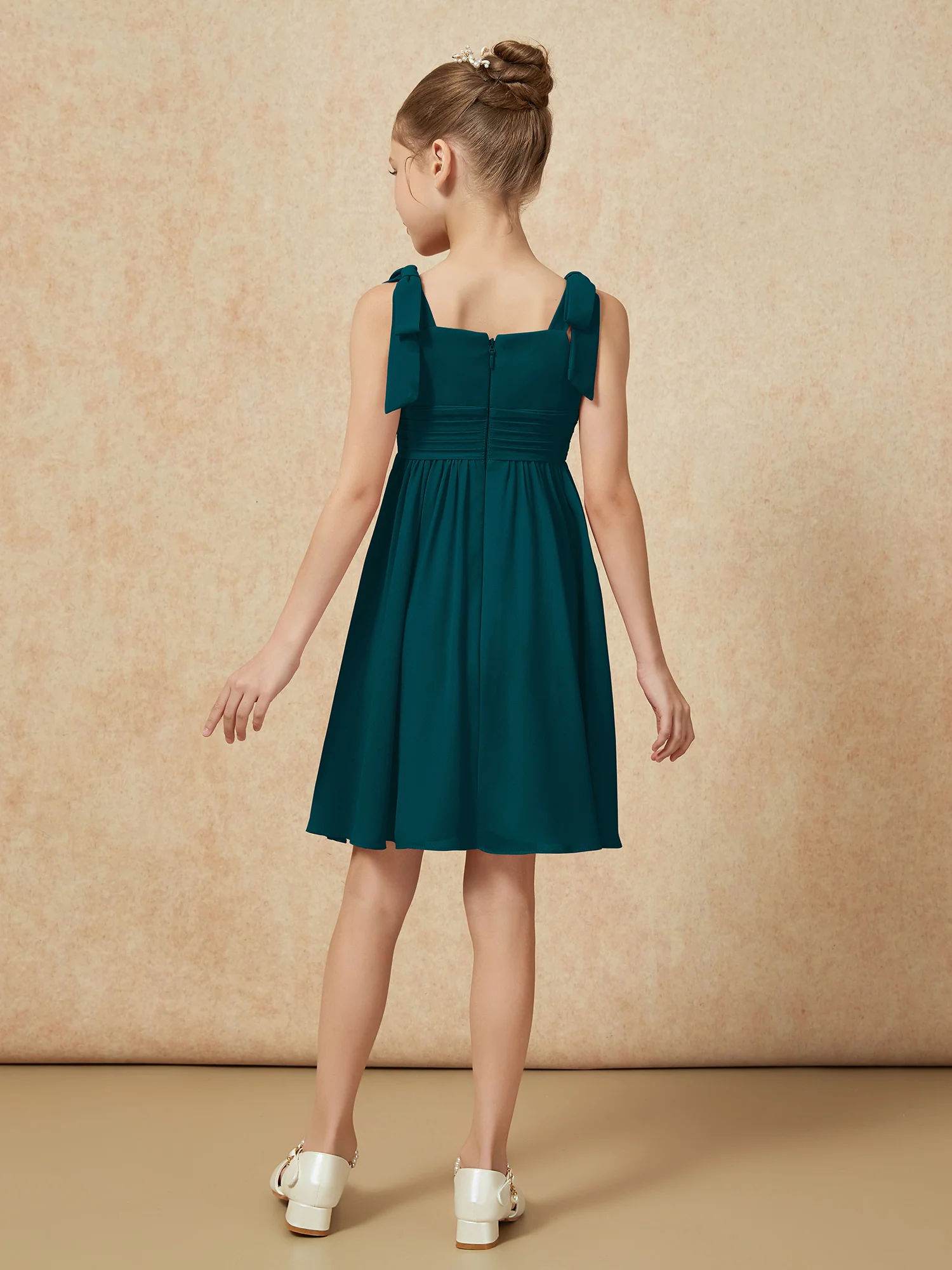 Bowknot Straps Knee-length Junior Bridesmaid Dresses Pine - Image 2