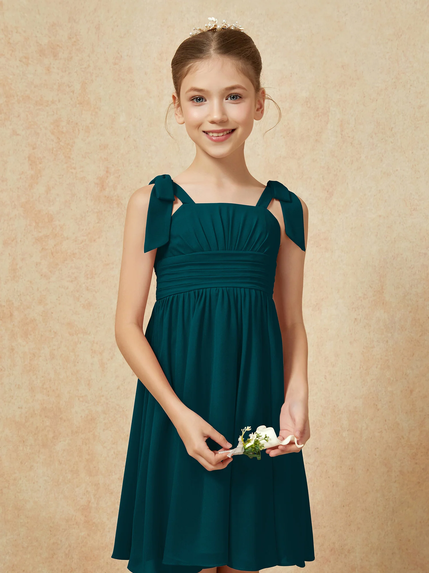 Bowknot Straps Knee-length Junior Bridesmaid Dresses Pine - Image 6