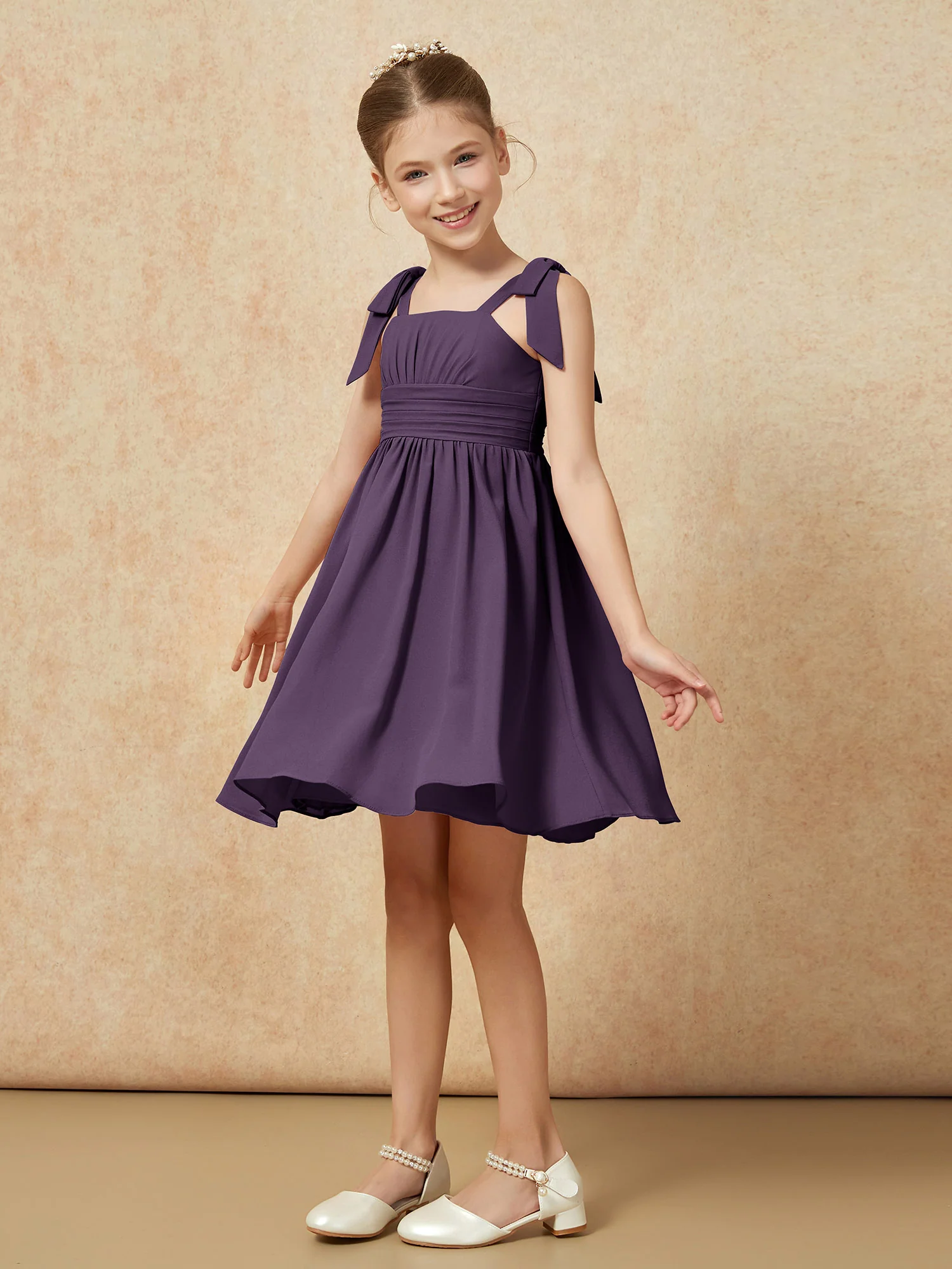 Bowknot Straps Knee-length Junior Bridesmaid Dresses Plum - Image 3