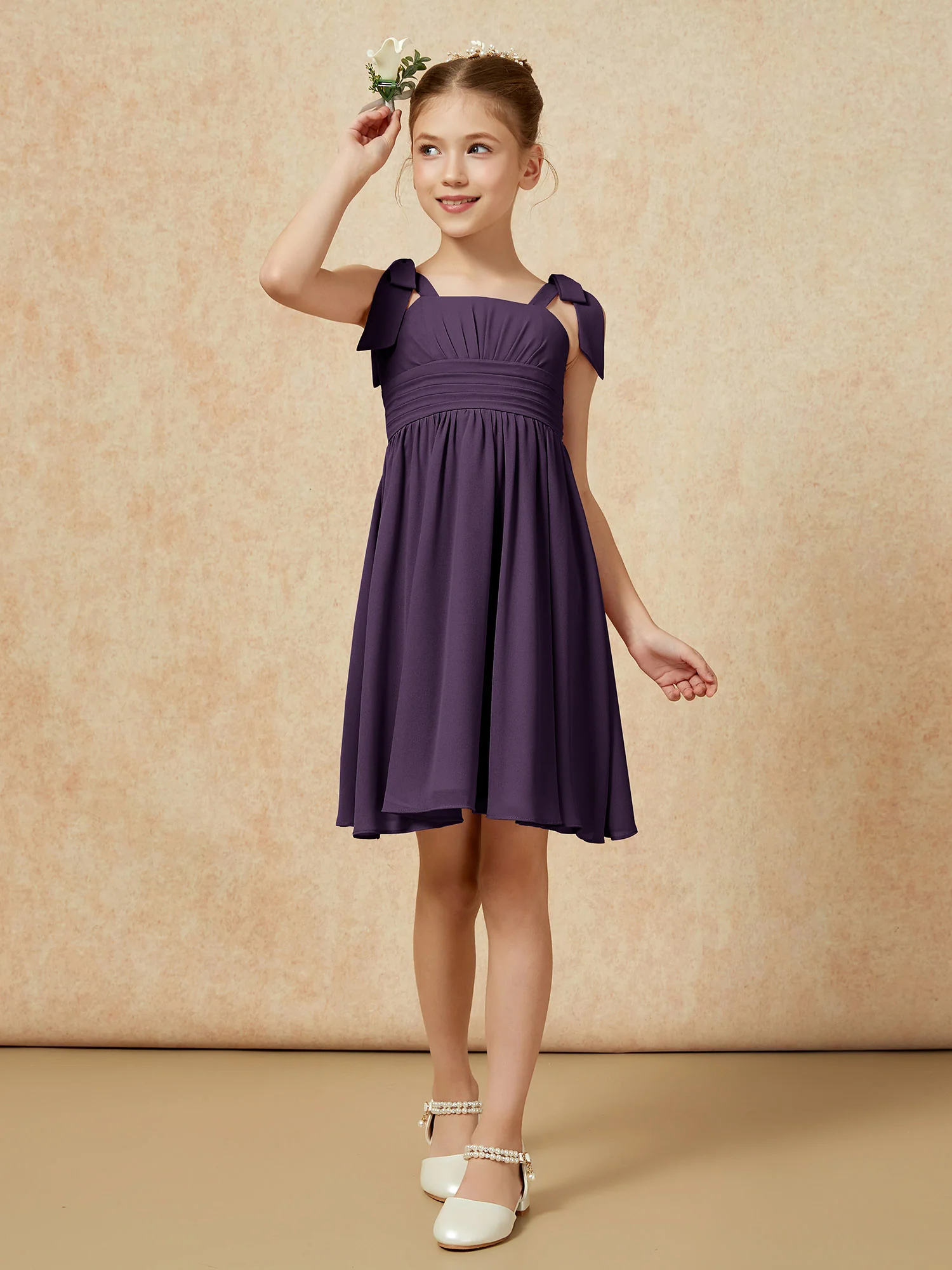 Bowknot Straps Knee-length Junior Bridesmaid Dresses Plum - Image 4