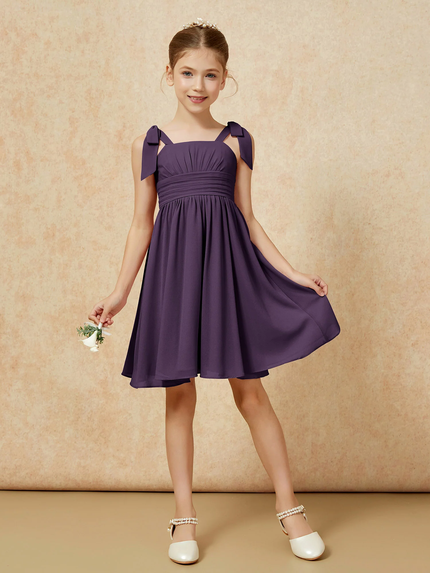 Bowknot Straps Knee-length Junior Bridesmaid Dresses Plum - Image 5