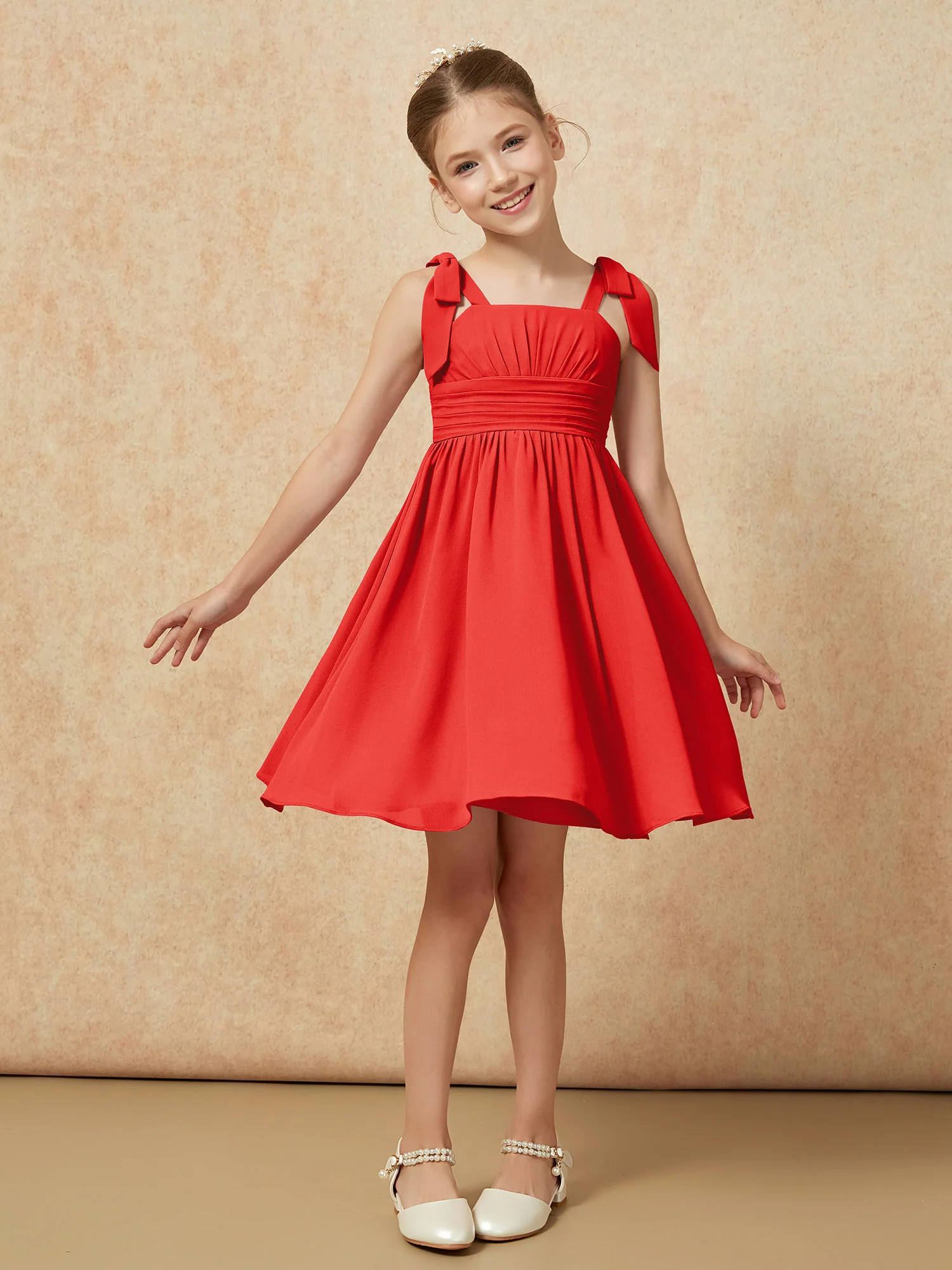 Bowknot Straps Knee-length Junior Bridesmaid Dresses Red