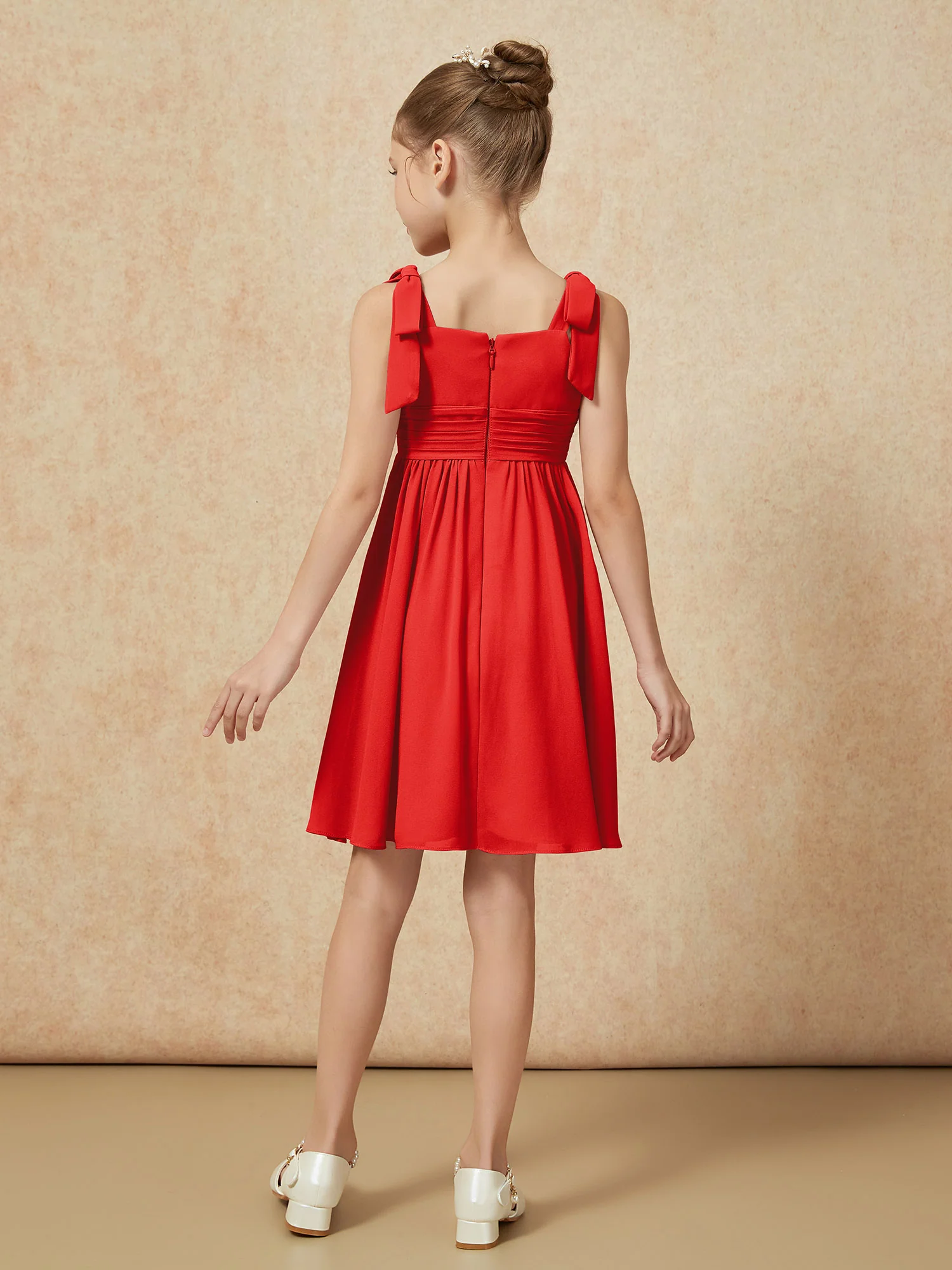 Bowknot Straps Knee-length Junior Bridesmaid Dresses Red - Image 2