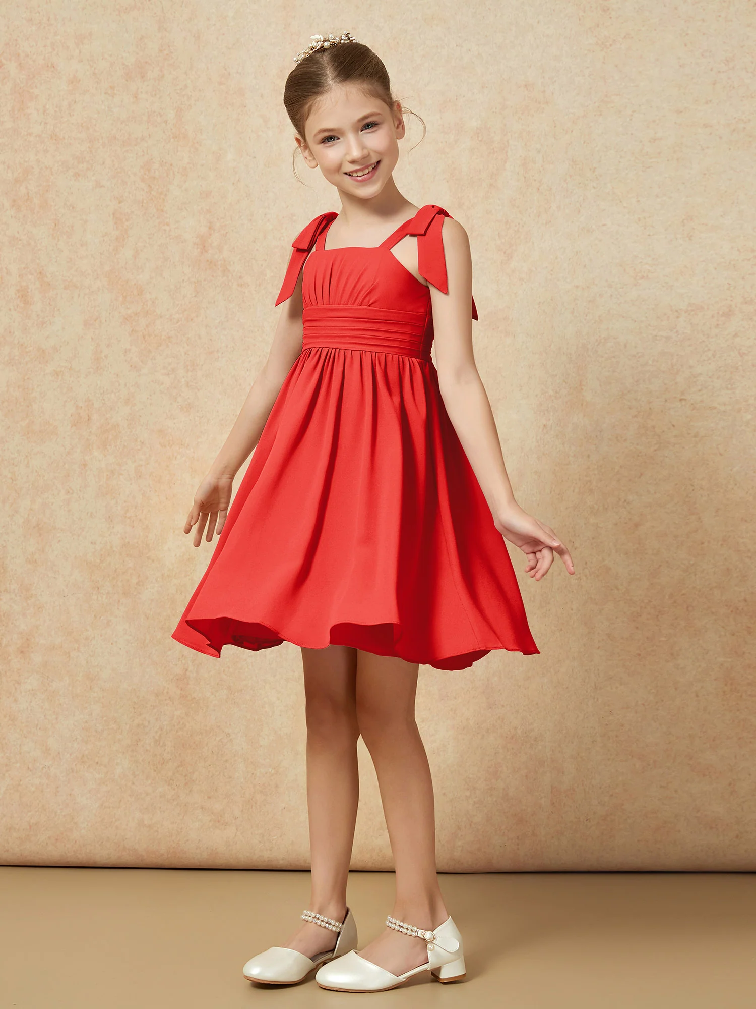 Bowknot Straps Knee-length Junior Bridesmaid Dresses Red - Image 3
