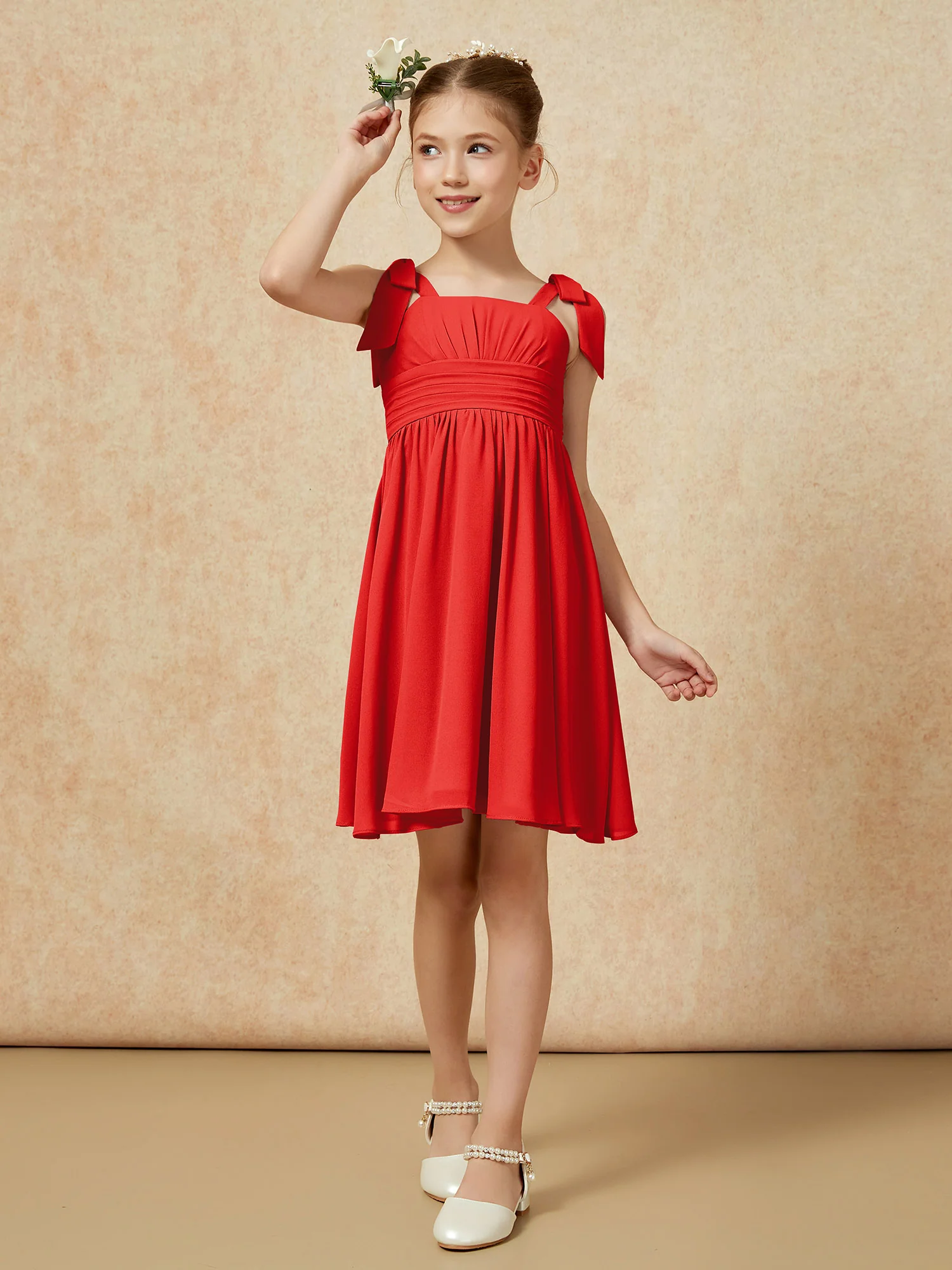 Bowknot Straps Knee-length Junior Bridesmaid Dresses Red - Image 4