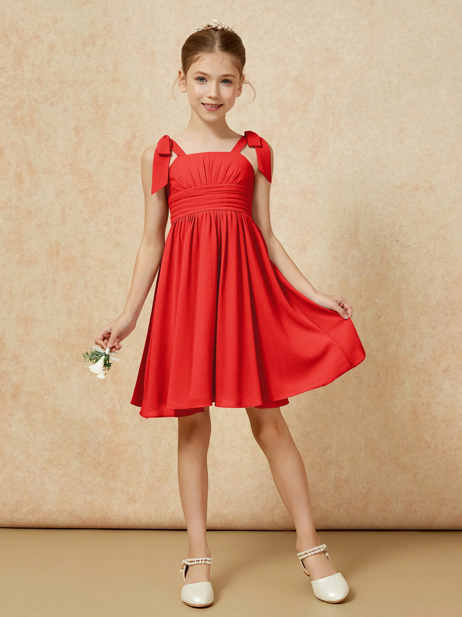 Bowknot Straps Knee-length Junior Bridesmaid Dresses Red - Image 5