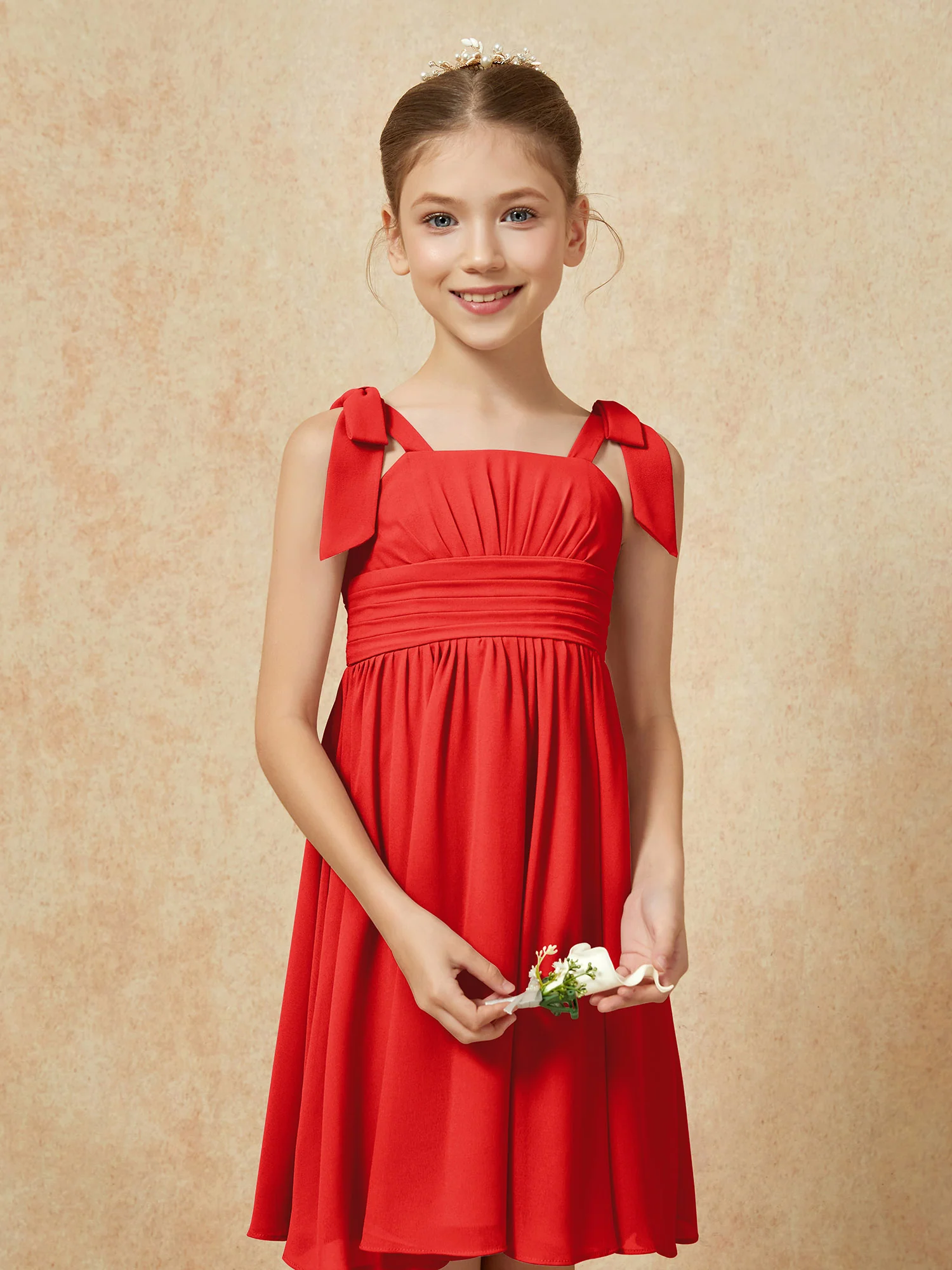 Bowknot Straps Knee-length Junior Bridesmaid Dresses Red - Image 6