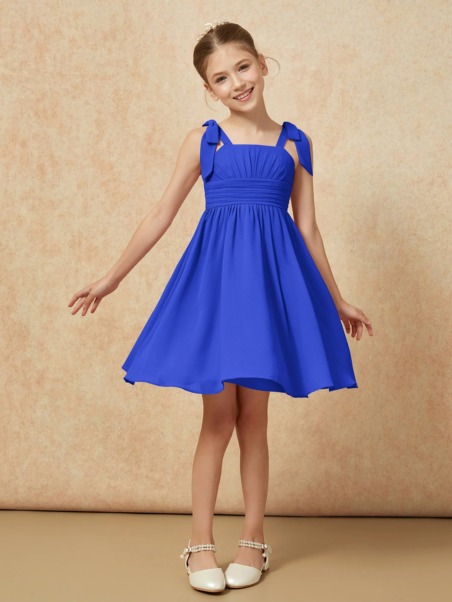 Bowknot Straps Knee-length Junior Bridesmaid Dresses Royal Blue